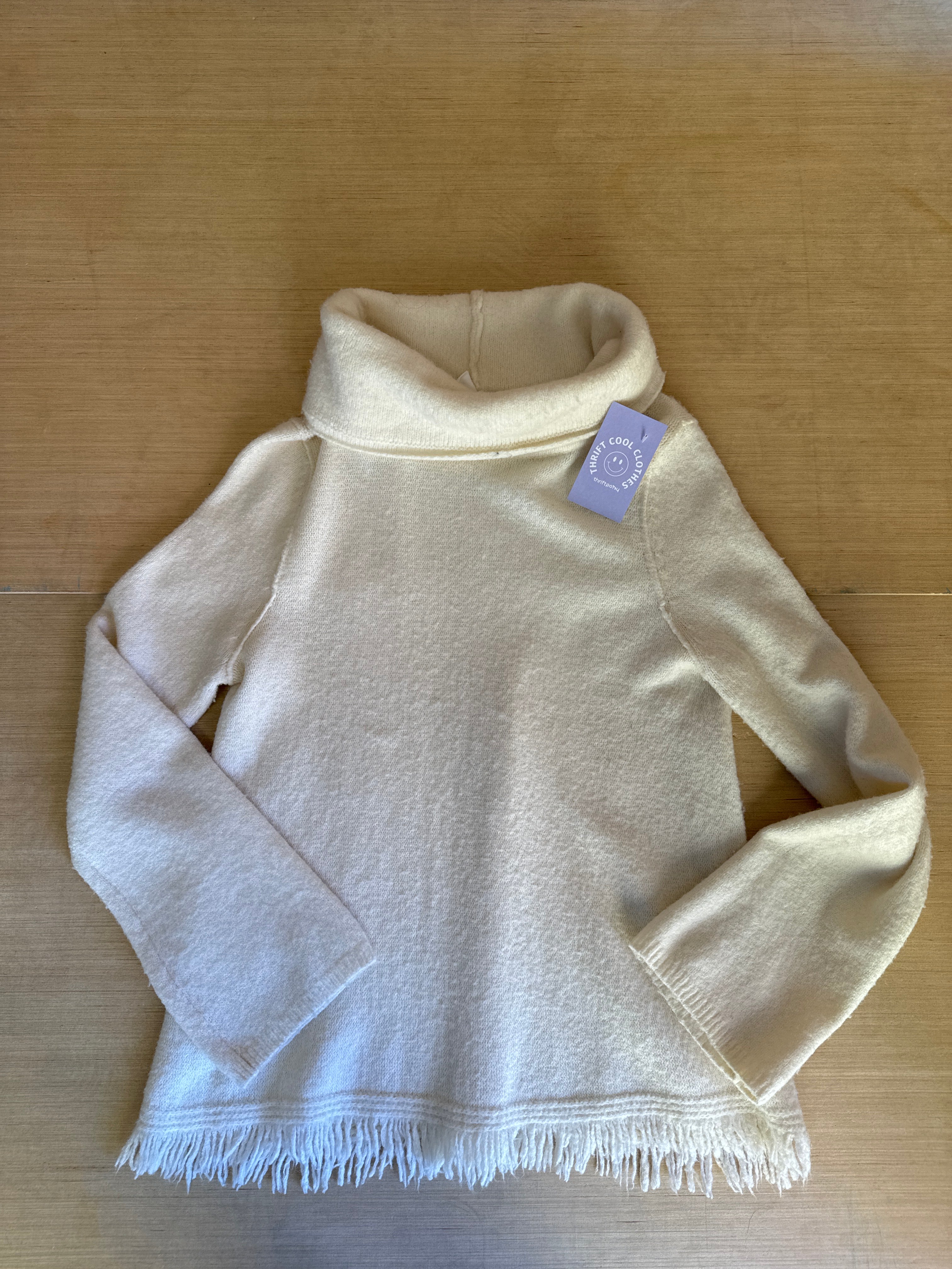 cream anthropologie turtleneck sweater w fringe, m