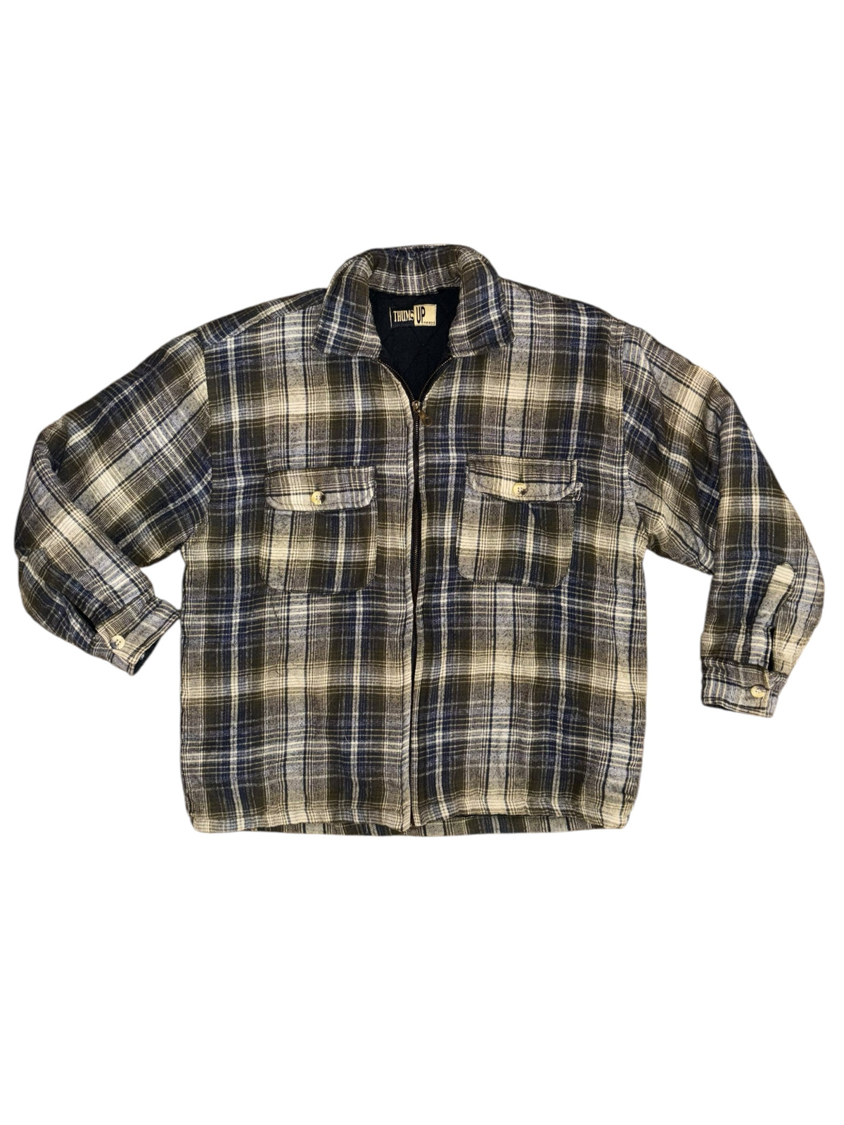 green blue white thums up flannel zip up jacket, m