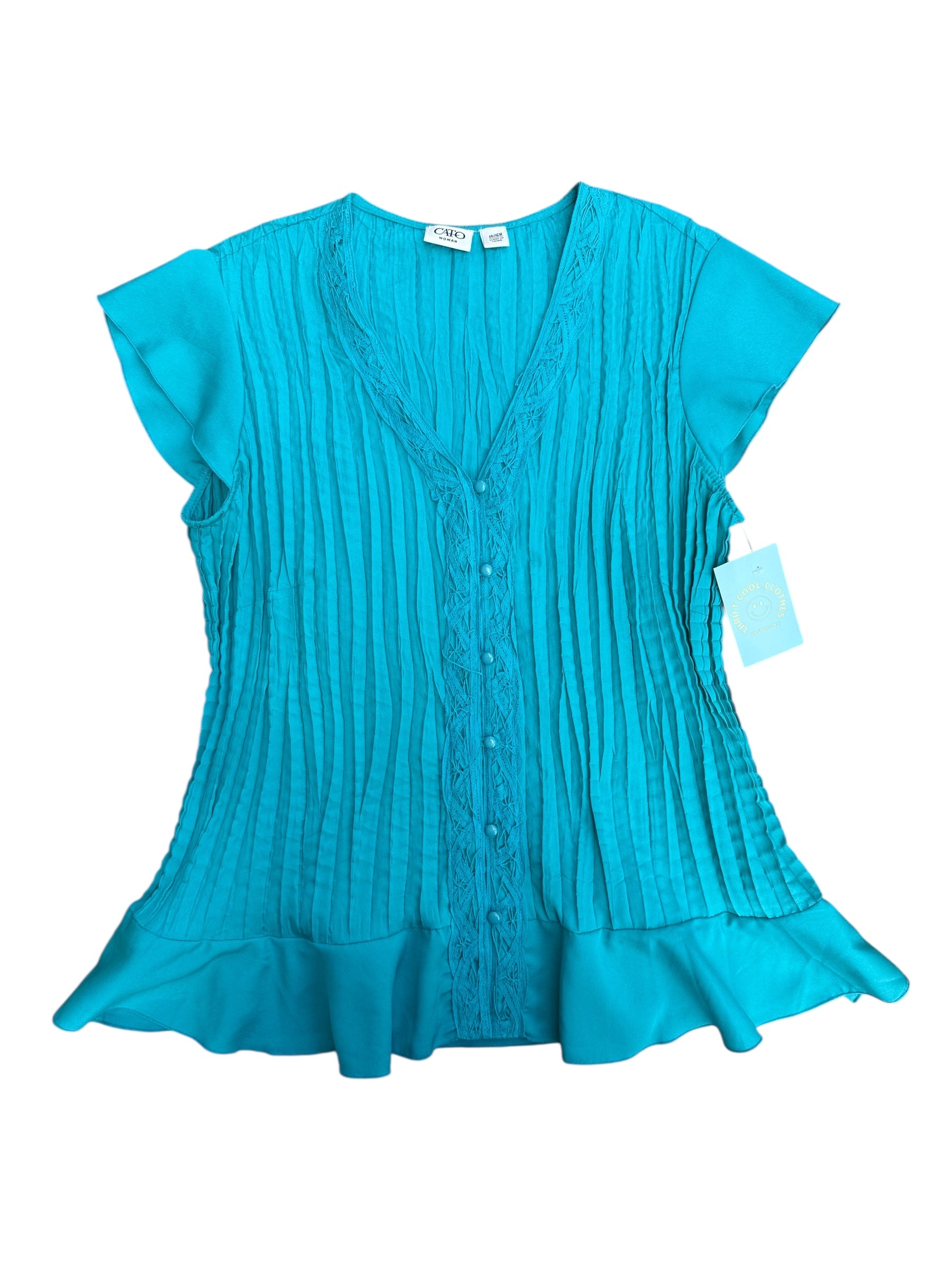 teal cato crochet detail plisse top, 14/16w