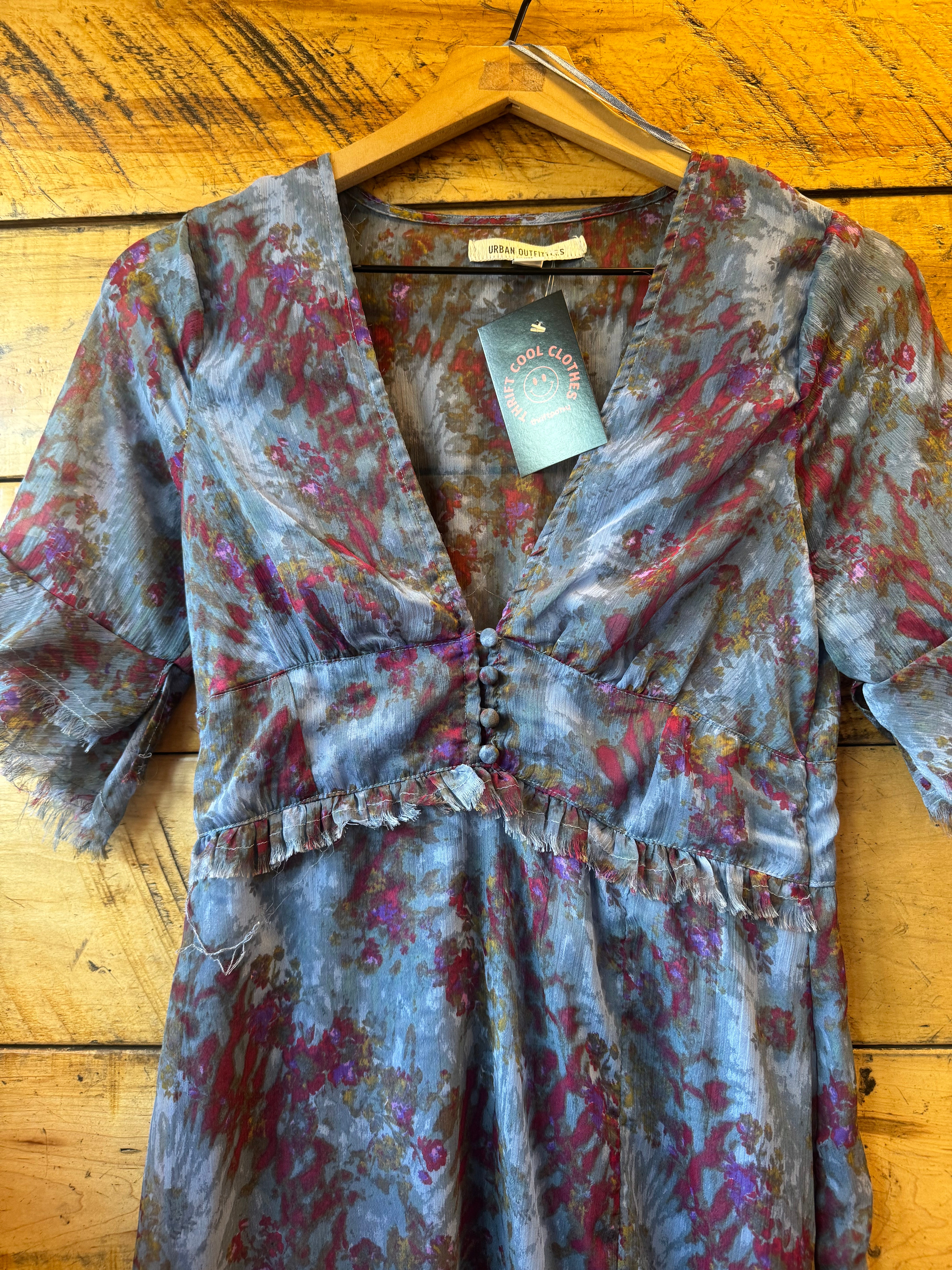blue pink urban outfitters sheer floral flowy dress, m