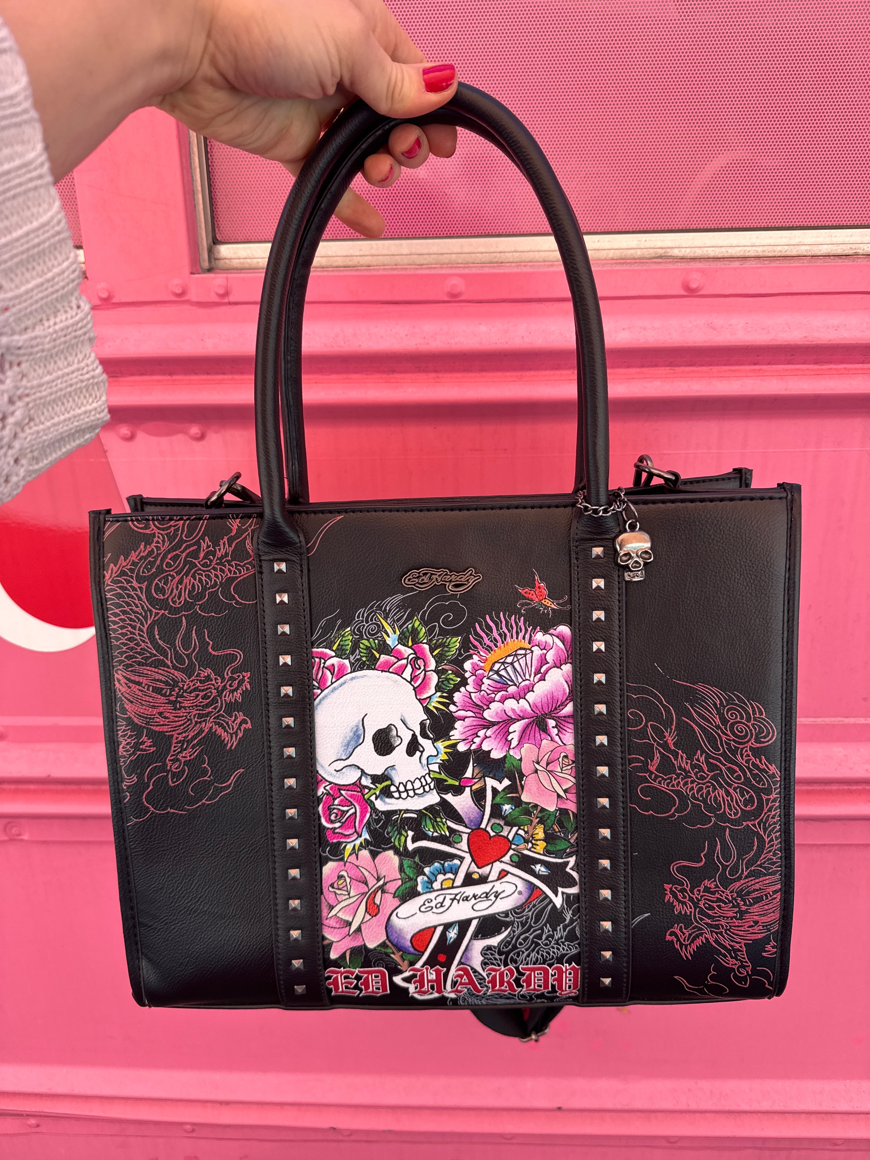 black ed hardy branded shoulder bag w charms