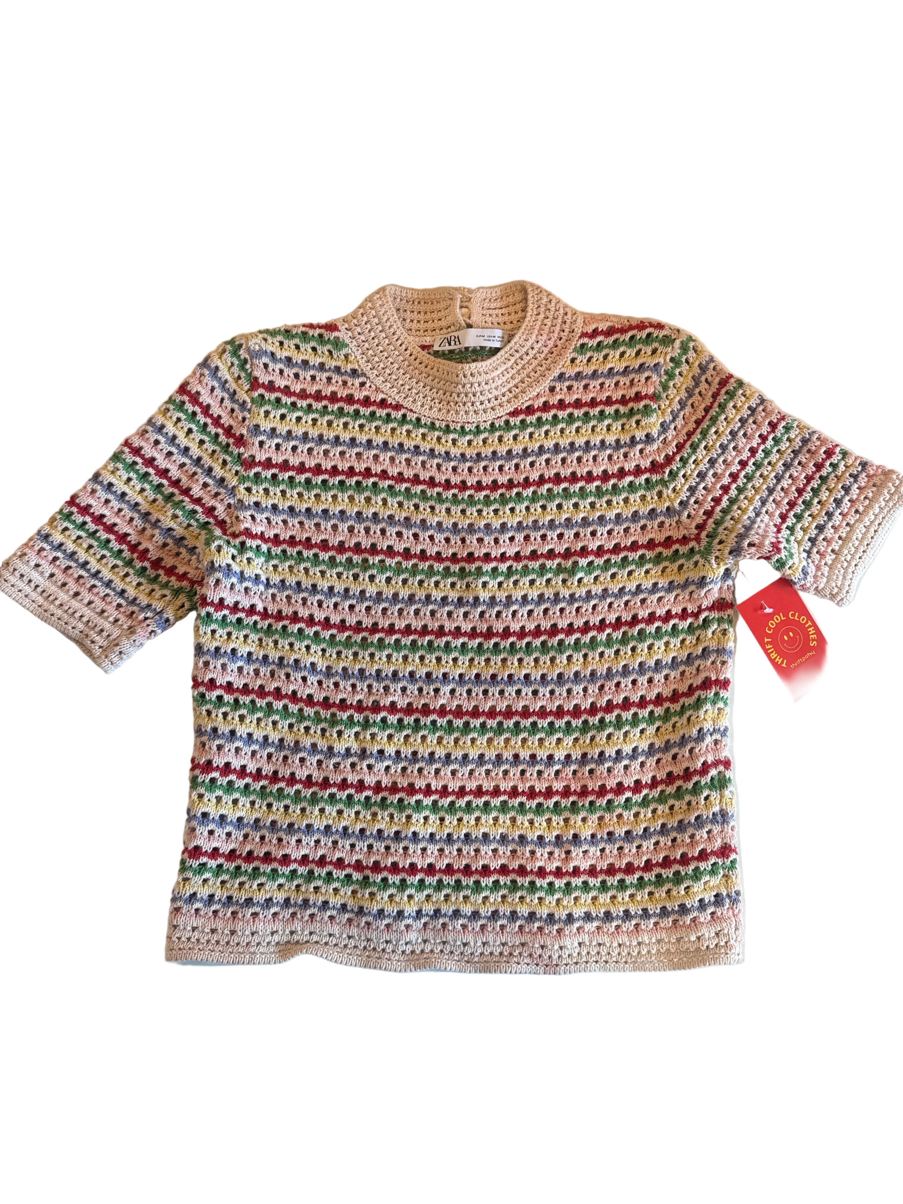 cream red blue yellow zara ribbed collar stripe cardigan, m