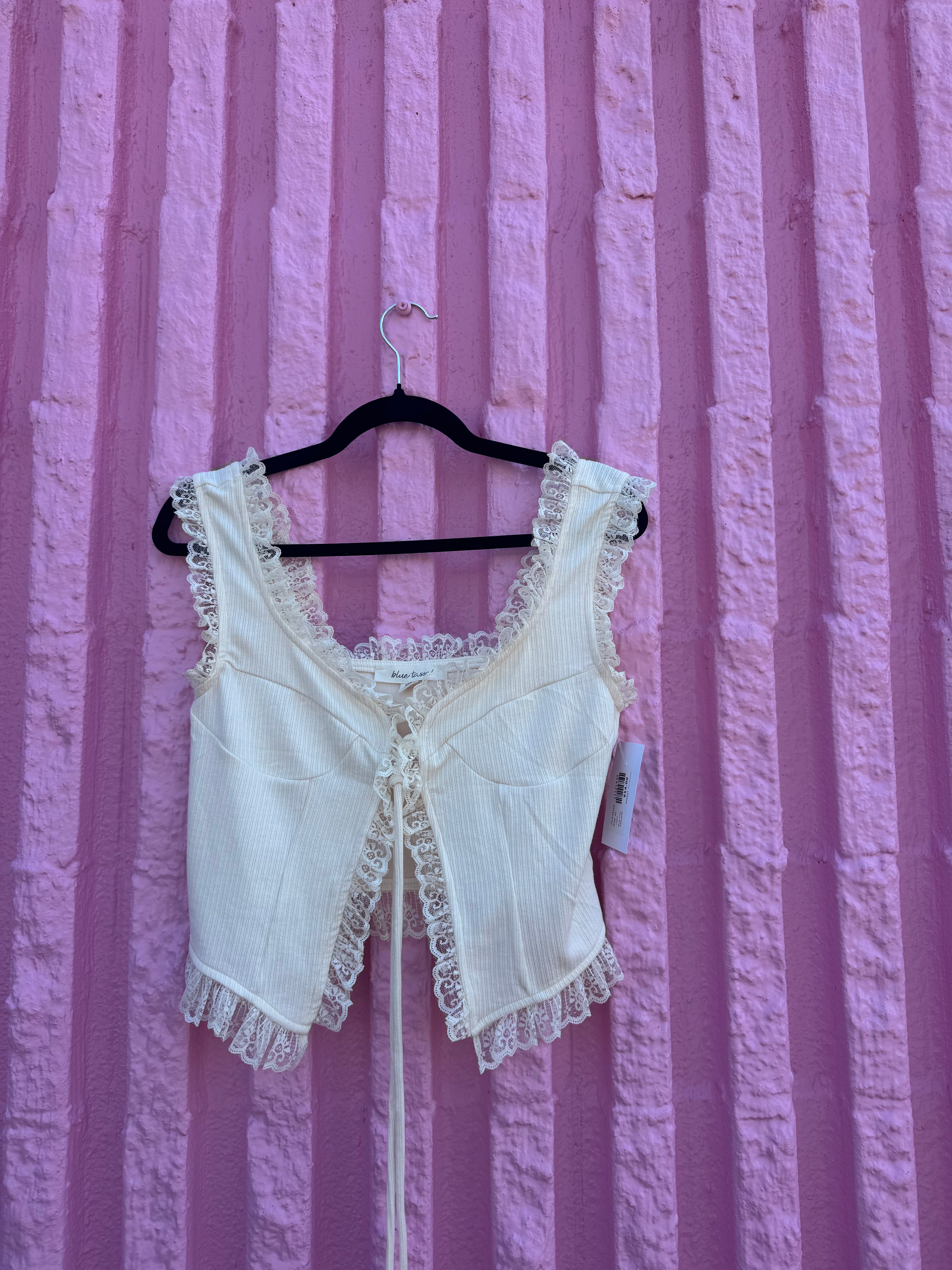 cream blue tassel lace trim babydoll, xs