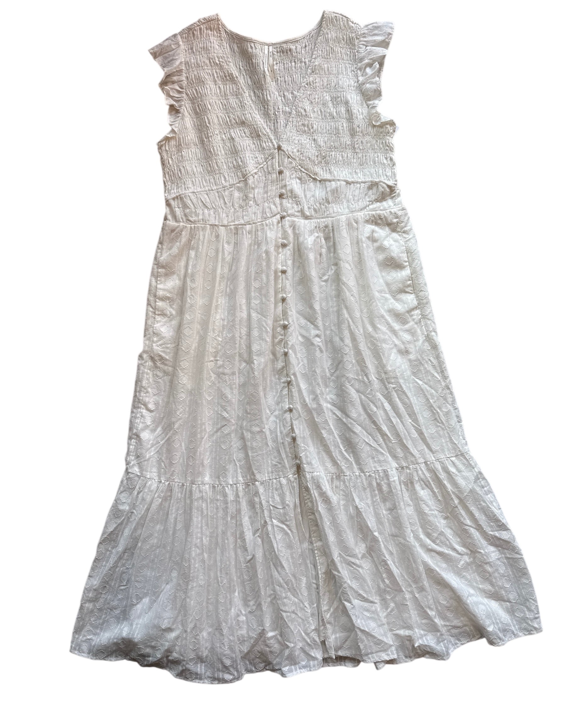 white Anthropologie smocked ruffle ss maxi dress, XL
