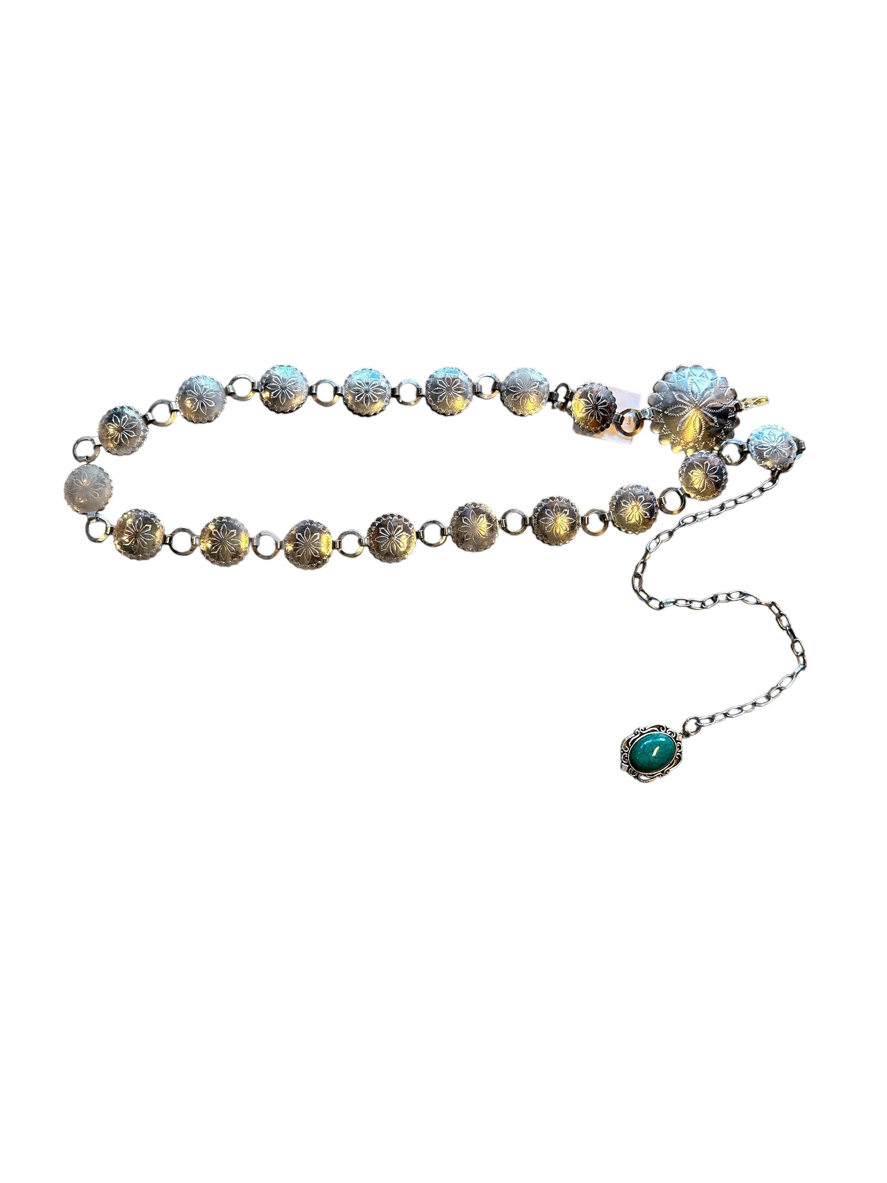 silver carolina patch vintage chain belt w turqoise gem