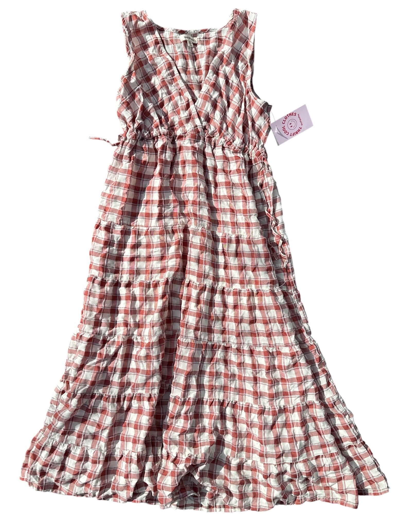red white max studio plaid v neck babydoll dress, m