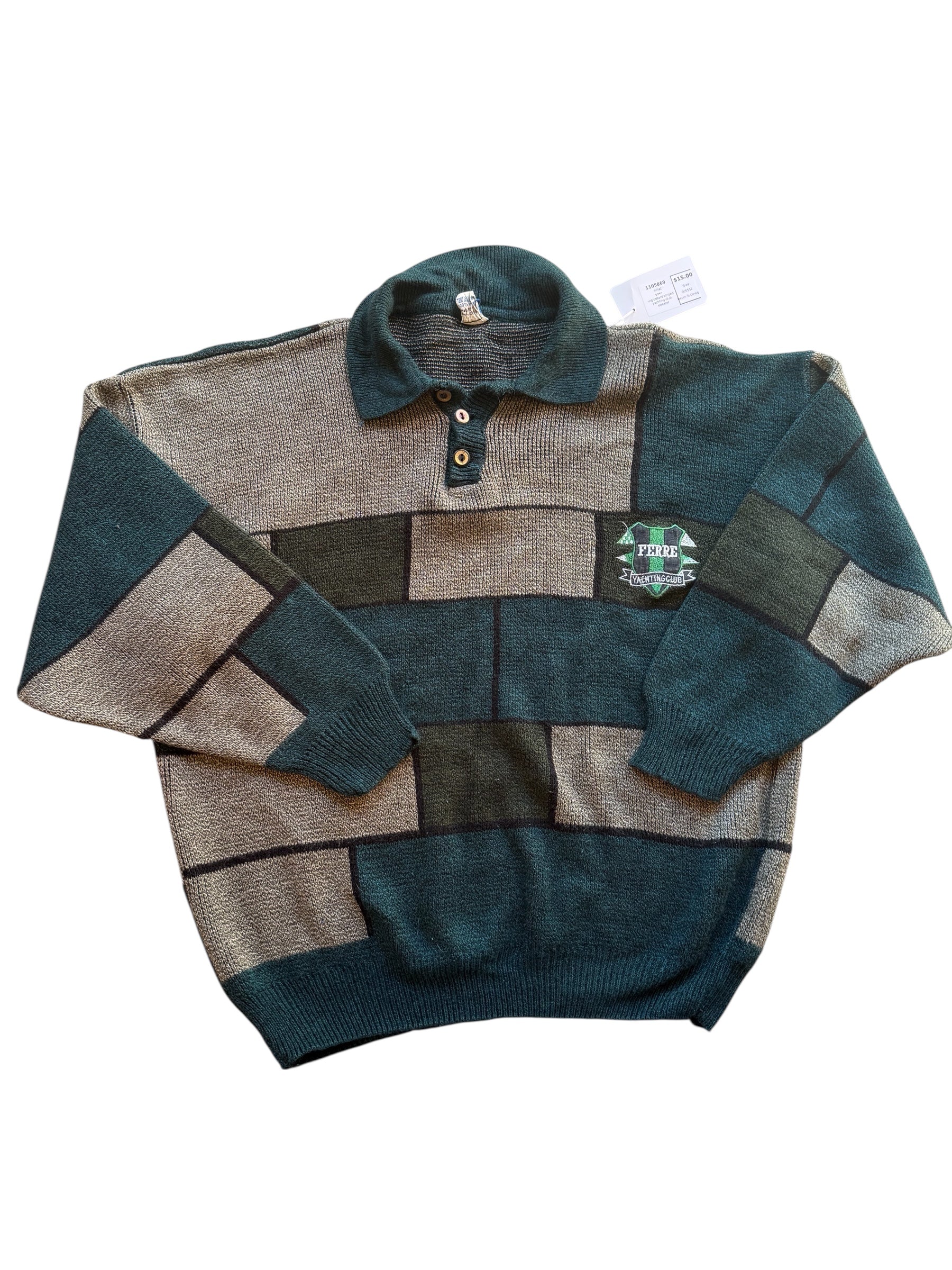 green nihat vtg collard striped yachting club sweater