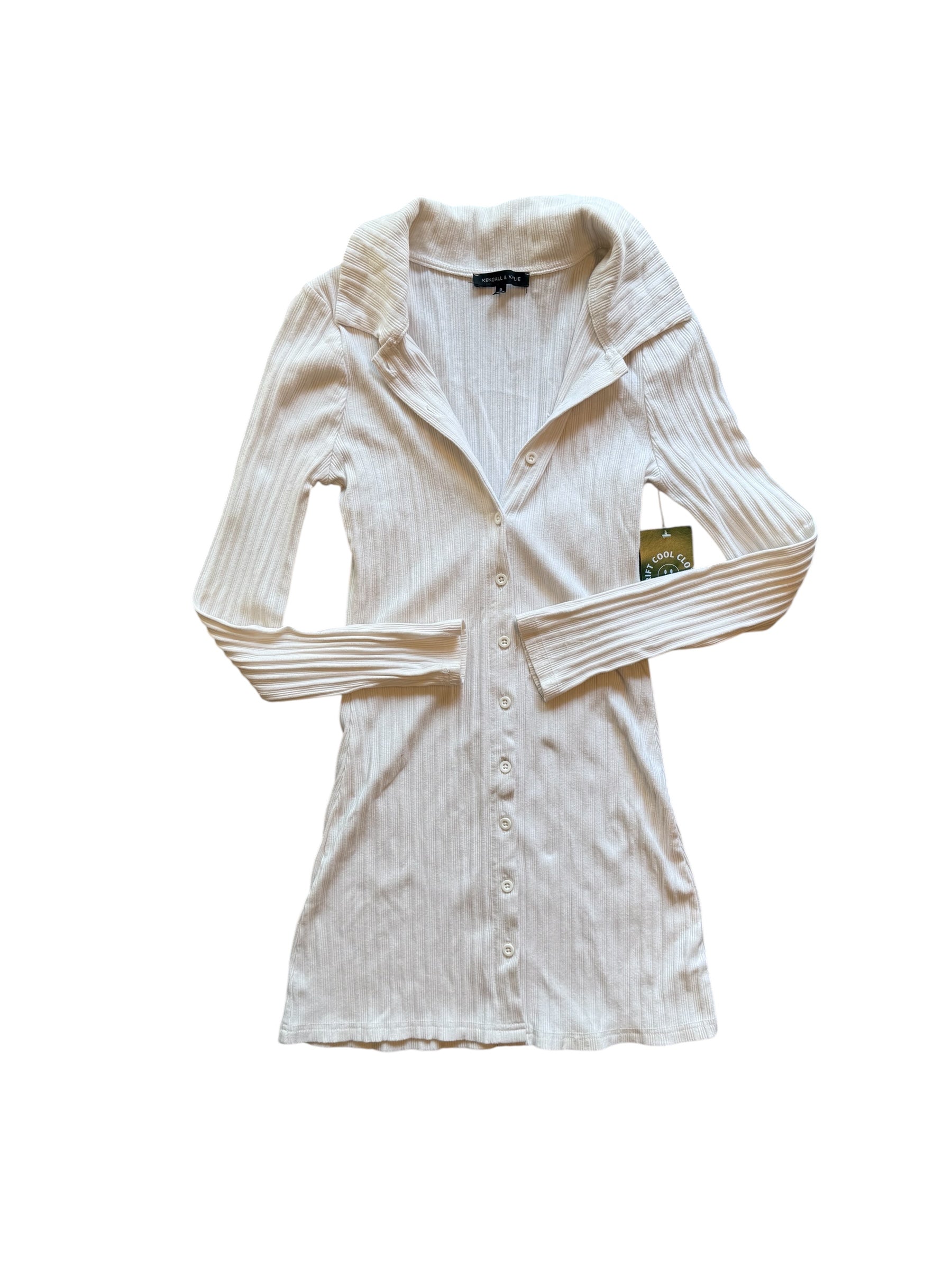 cream kendal and kylie ribbed collard ls mini dress, s
