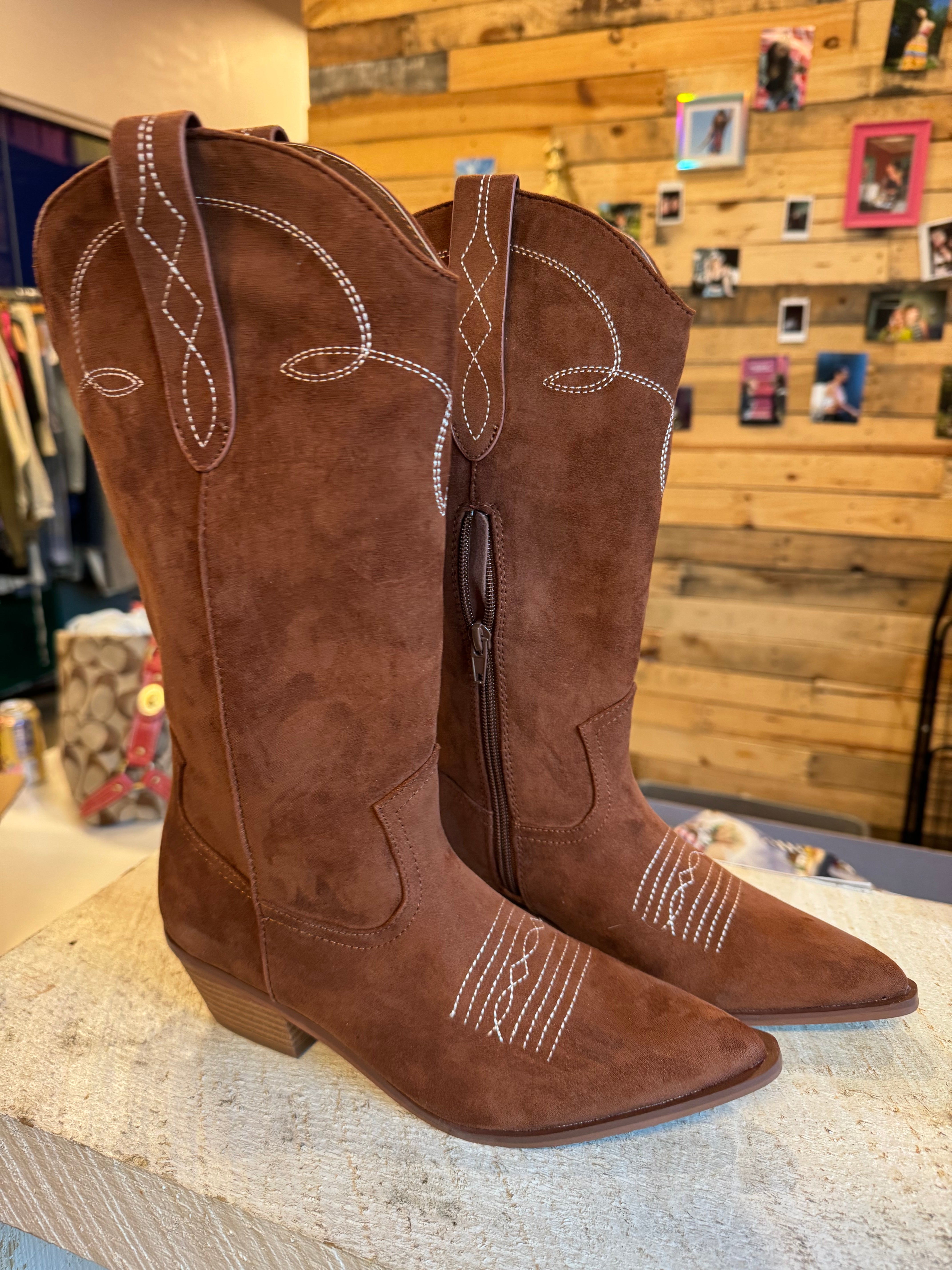 brown the drop suedeish cowboy boots, 5.5 womens