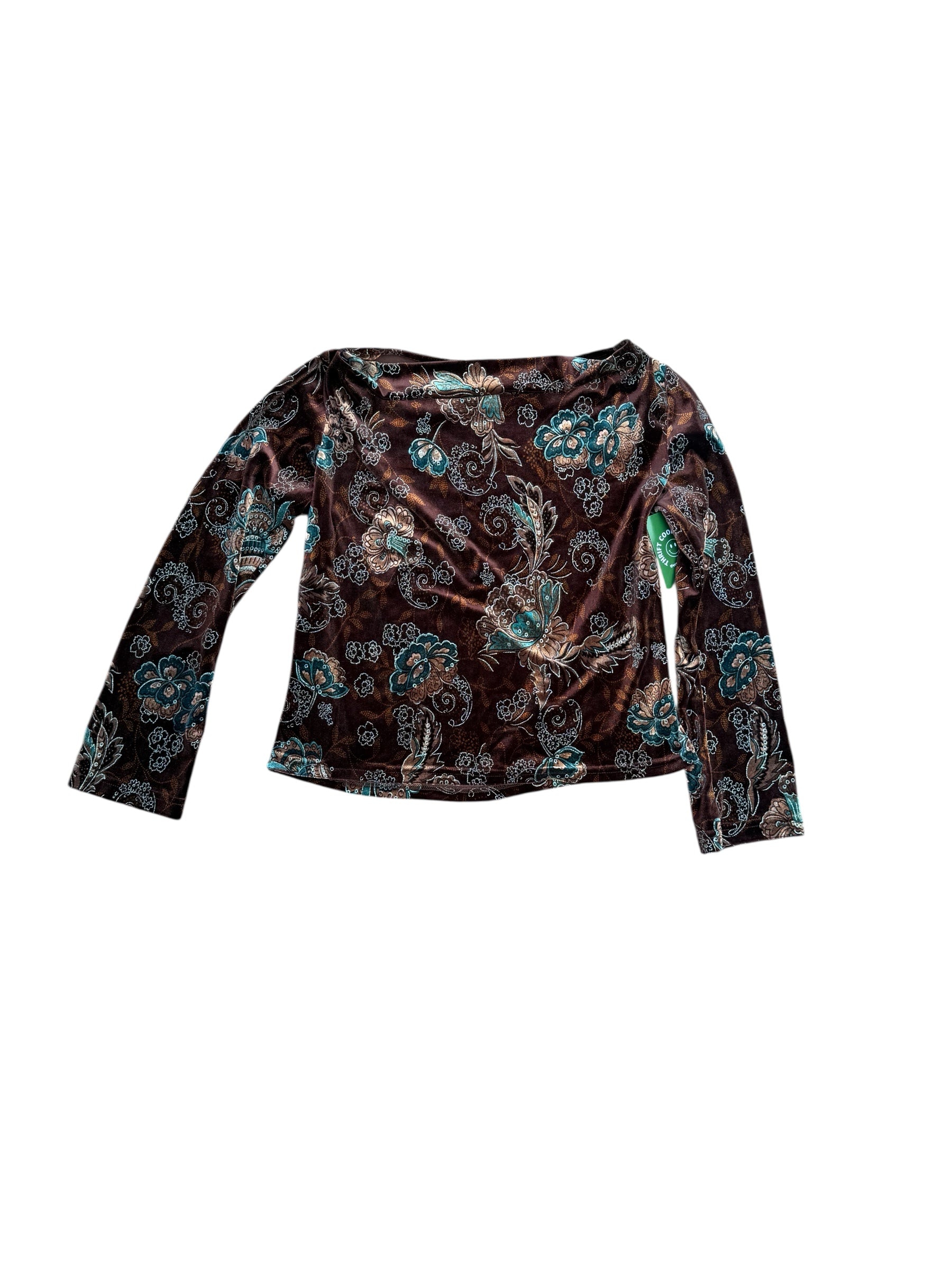 Brown teal Kim rogers Velvet paisley ls cowl neck top, L