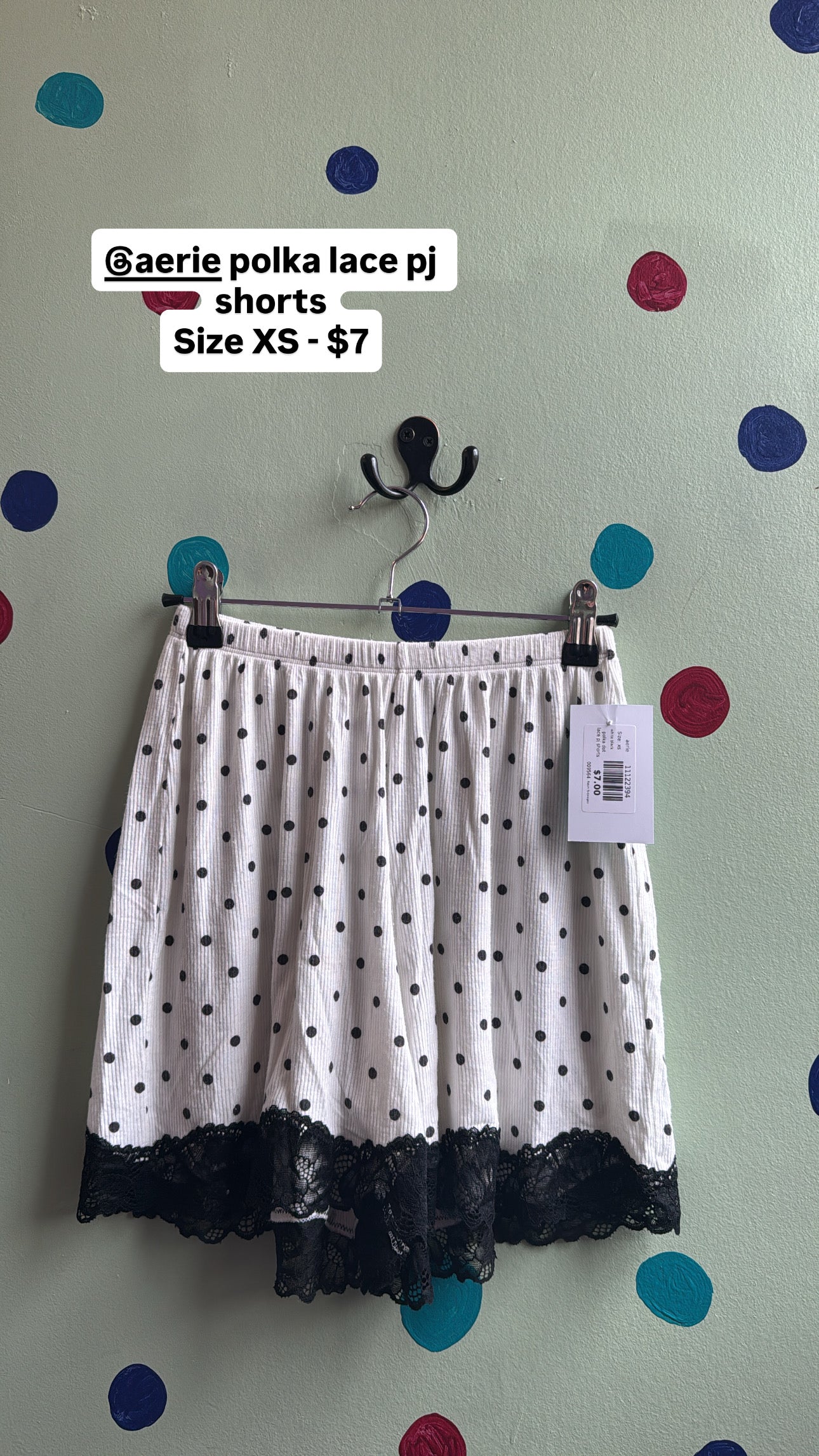 white black aerie polka dot lace pj shorts, xs