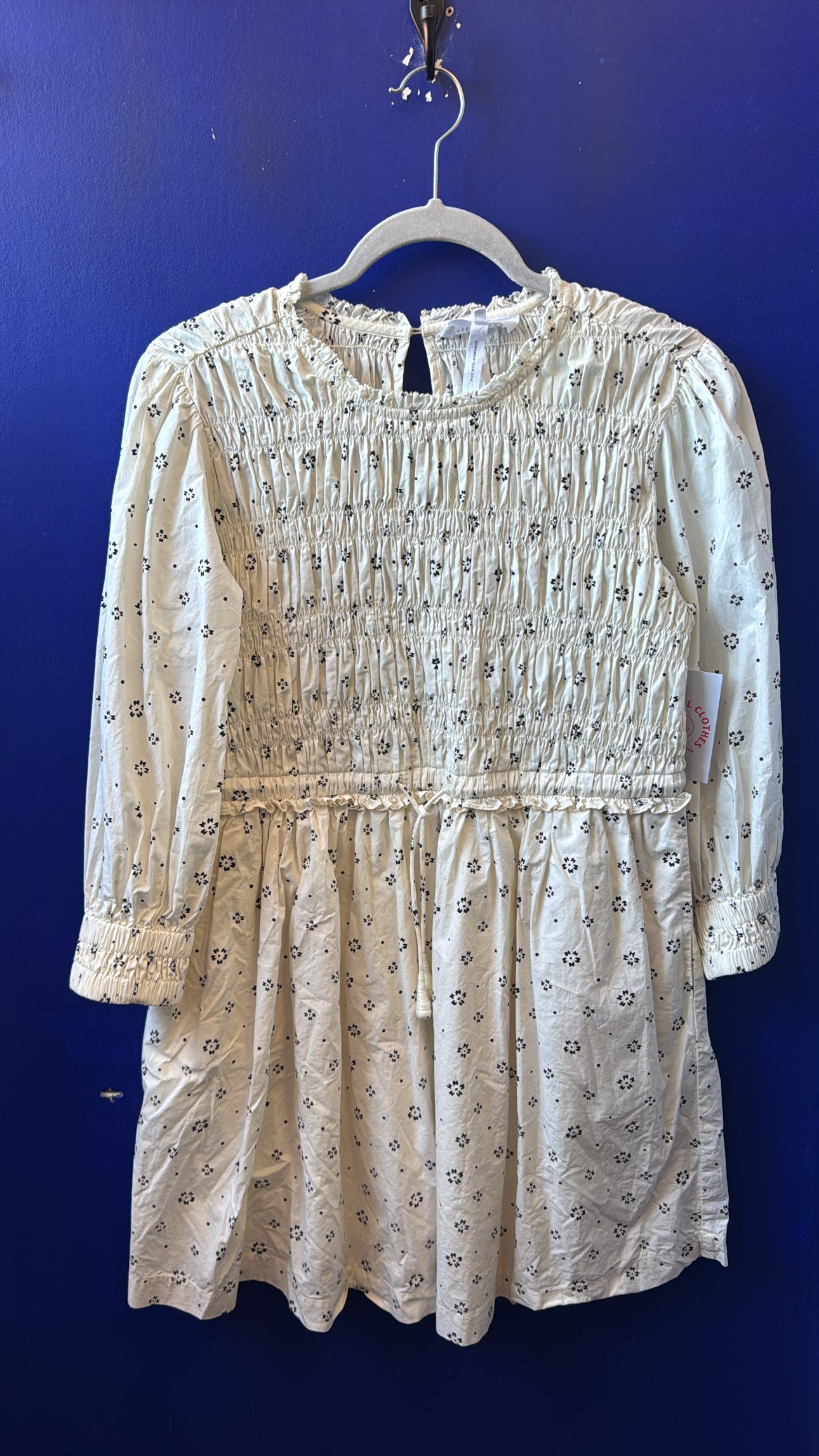 cream black apiece apart floral smocked ls mini dress, xs