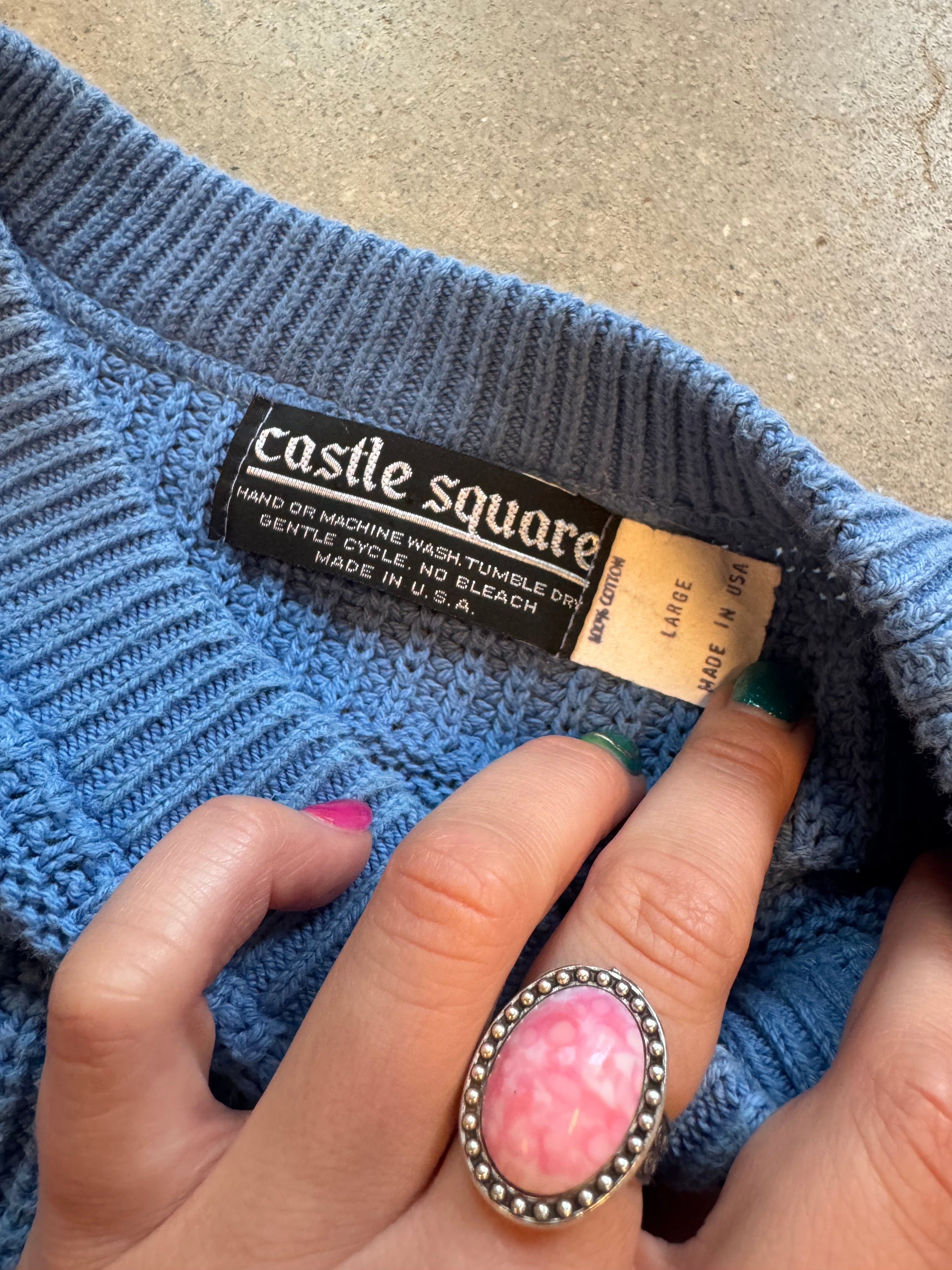 blue castle square womens vtg 1980s 100% cotton sweater, L