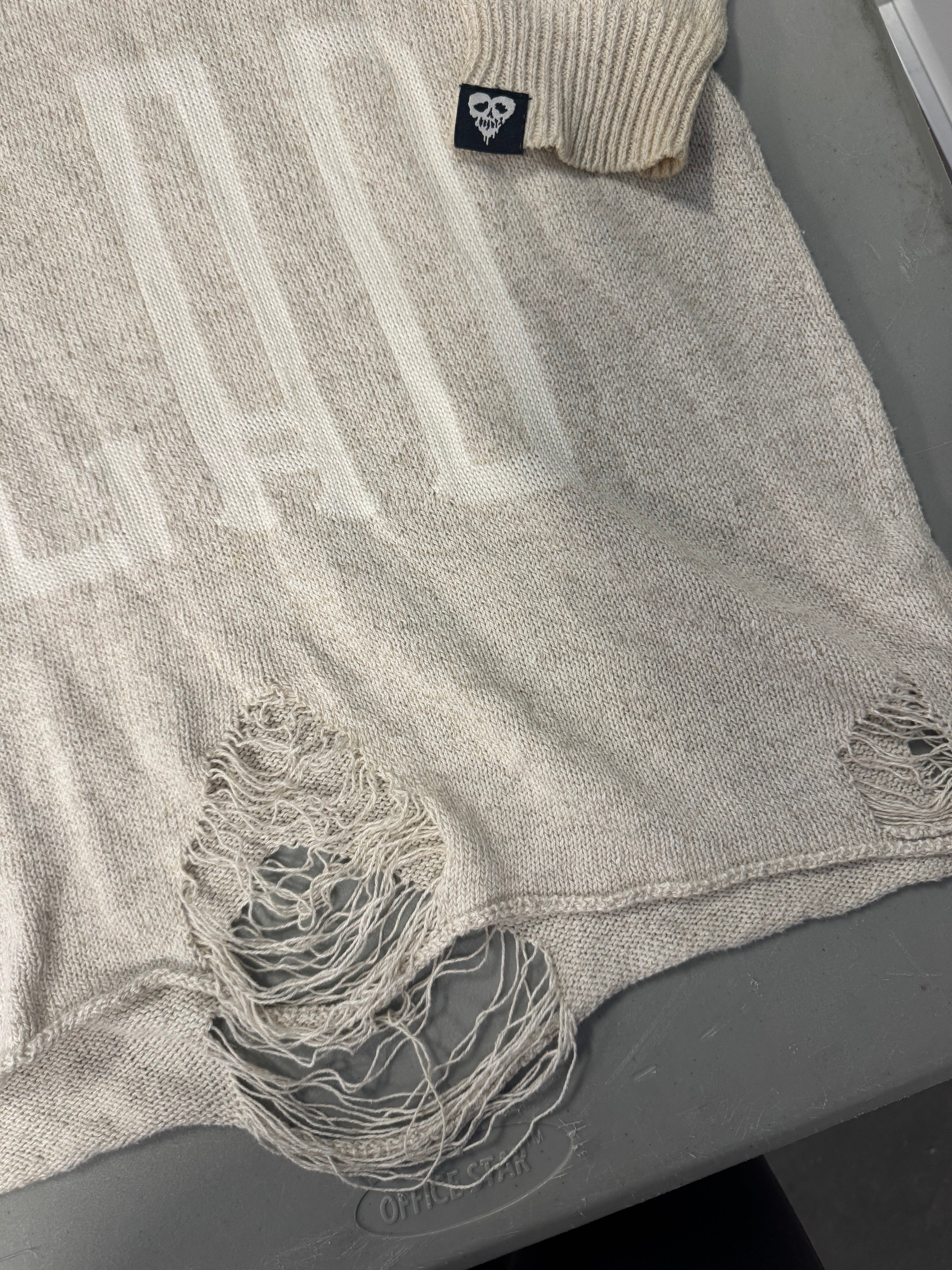 beige drop dead distressed drop dead sweater, m