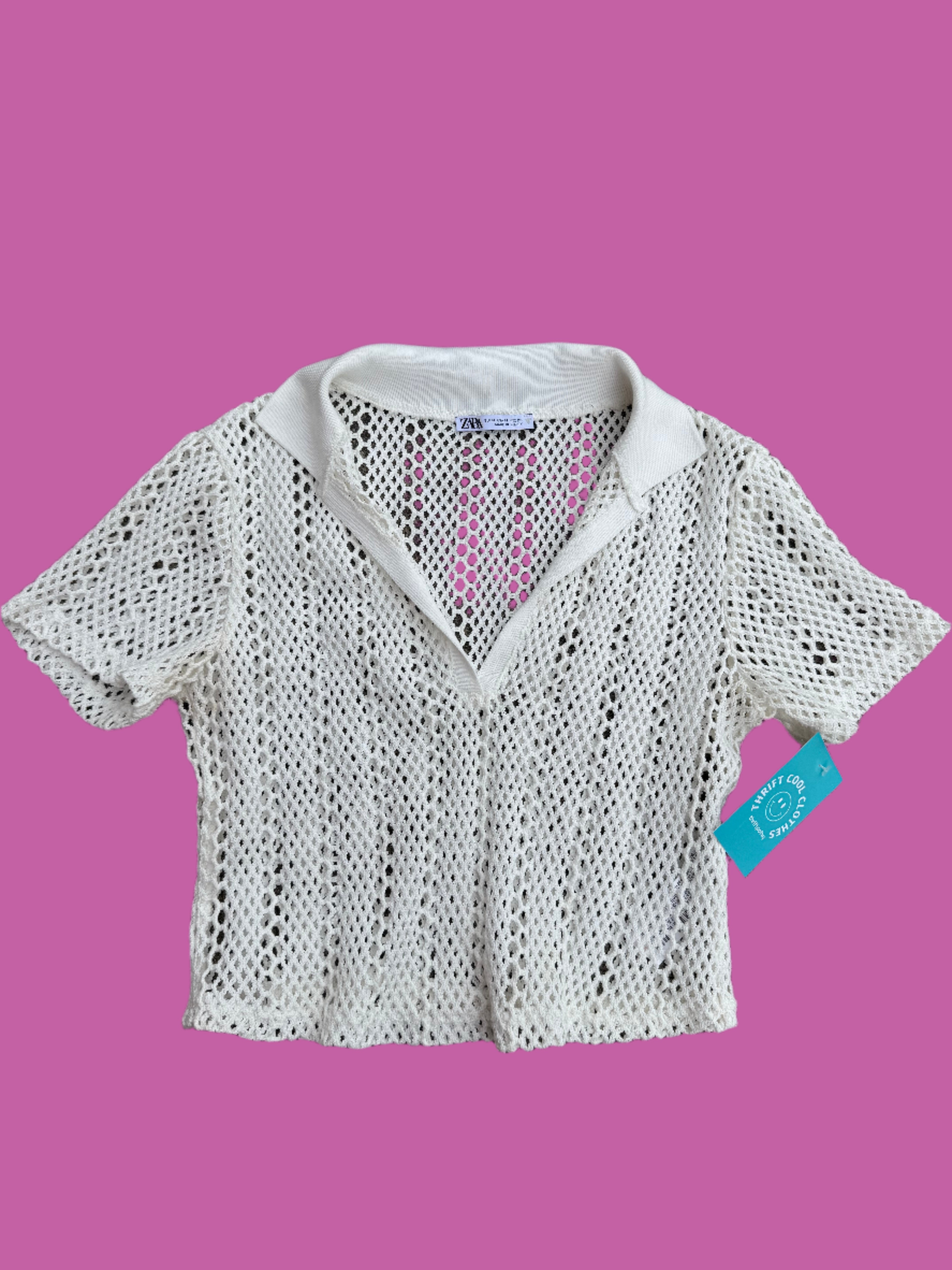 white zara crochet collared top, M