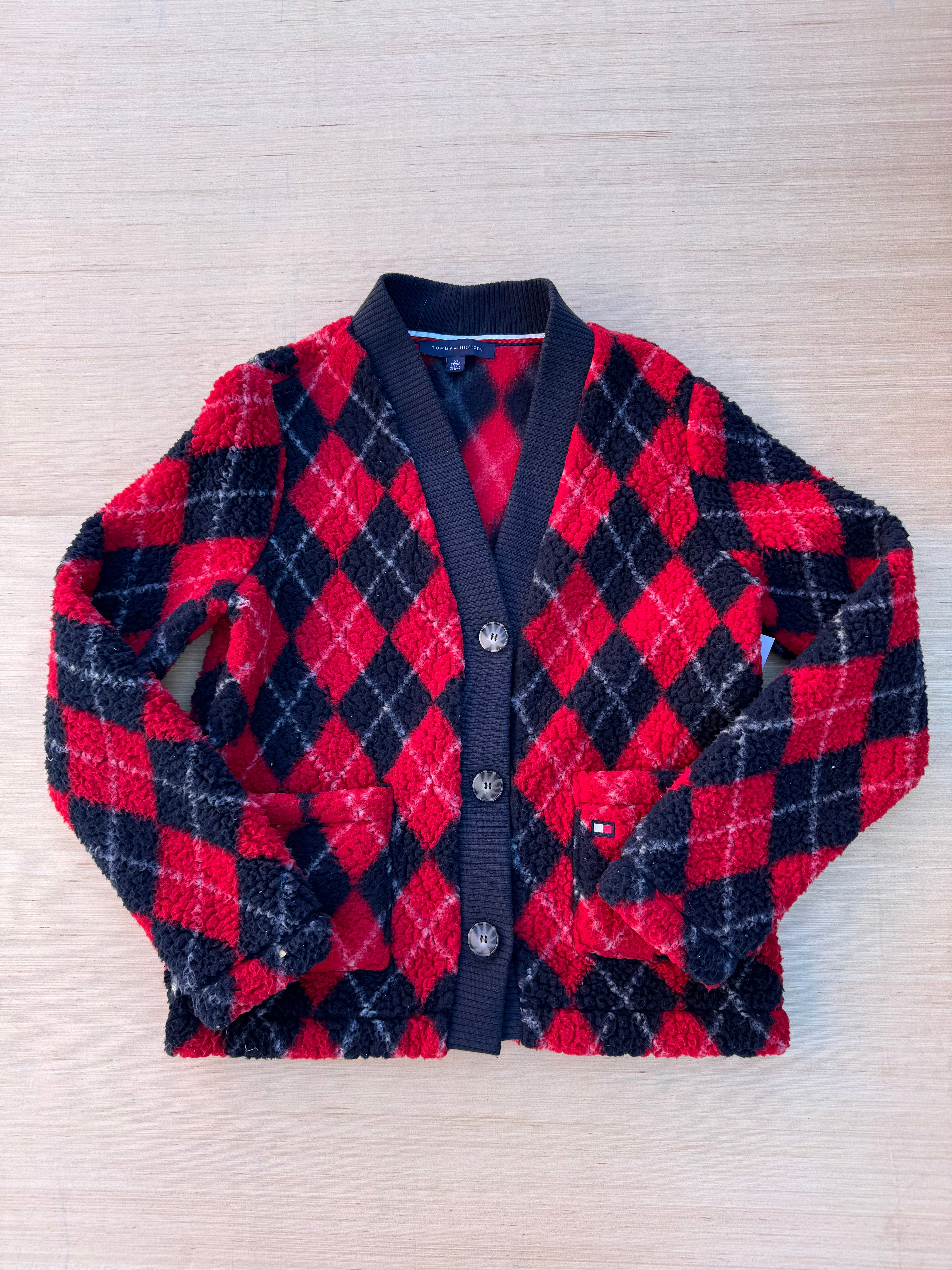 navy red Tommy hilfiger fleece argyle sweater, xs