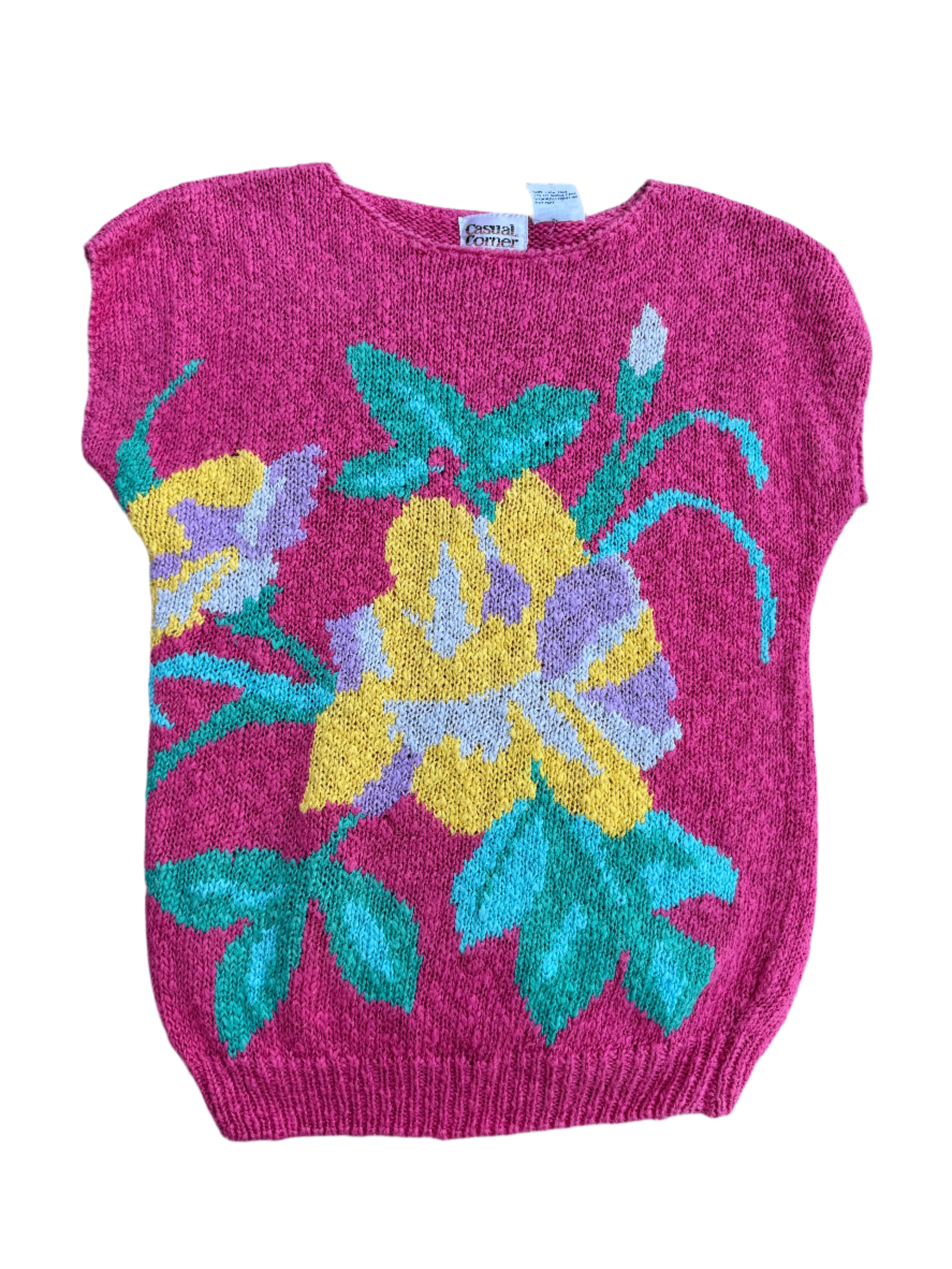 pink teal yellow casual corner knit floral sweater top, m