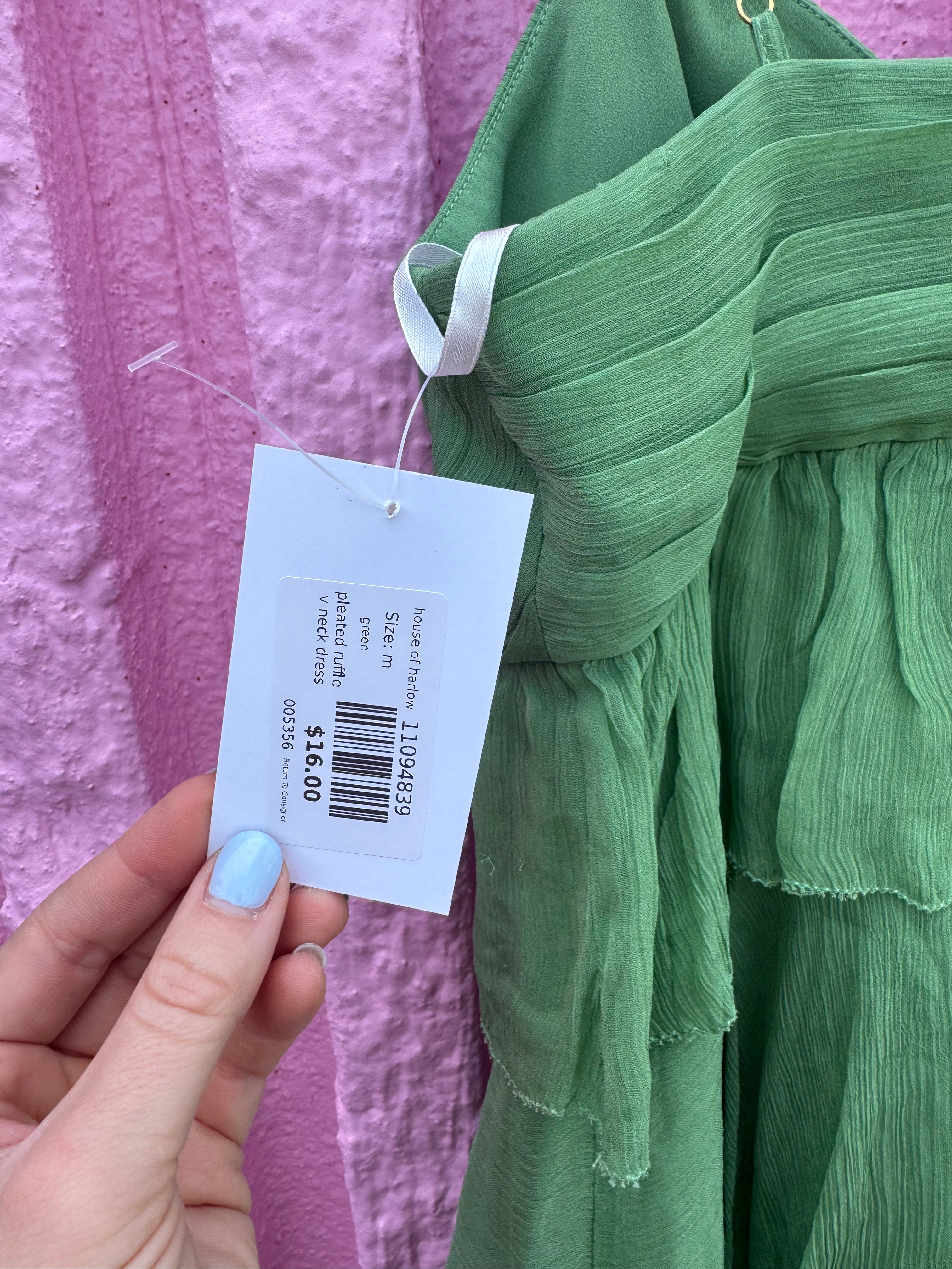green house of harlow pleated ruffle v neck dress, m