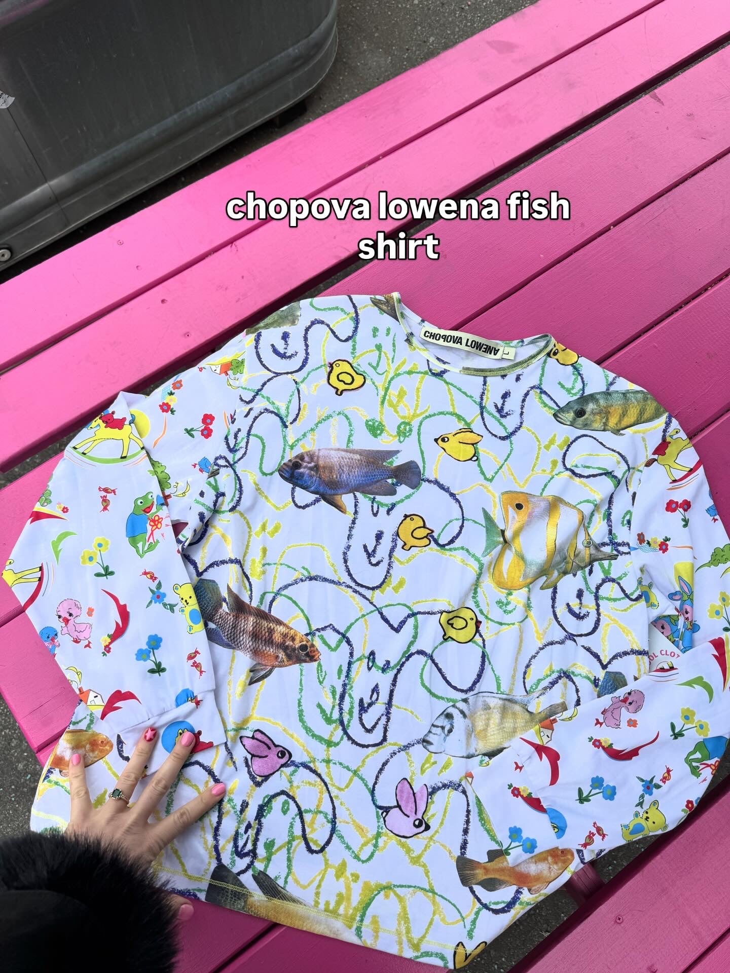 white multi chopova lowena upcycled ls fish bird shirt, l