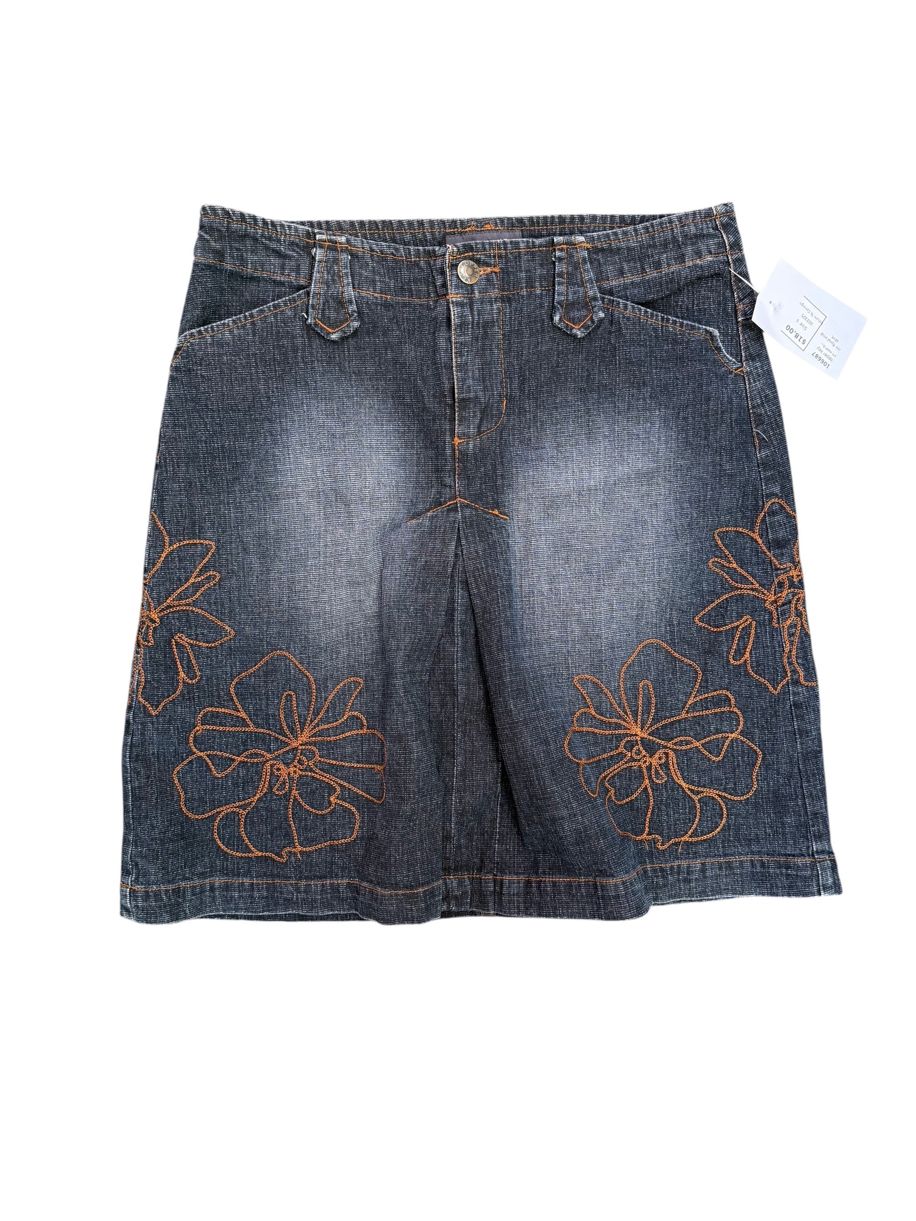 dark wash brown copper key denim floral midi skirt, s