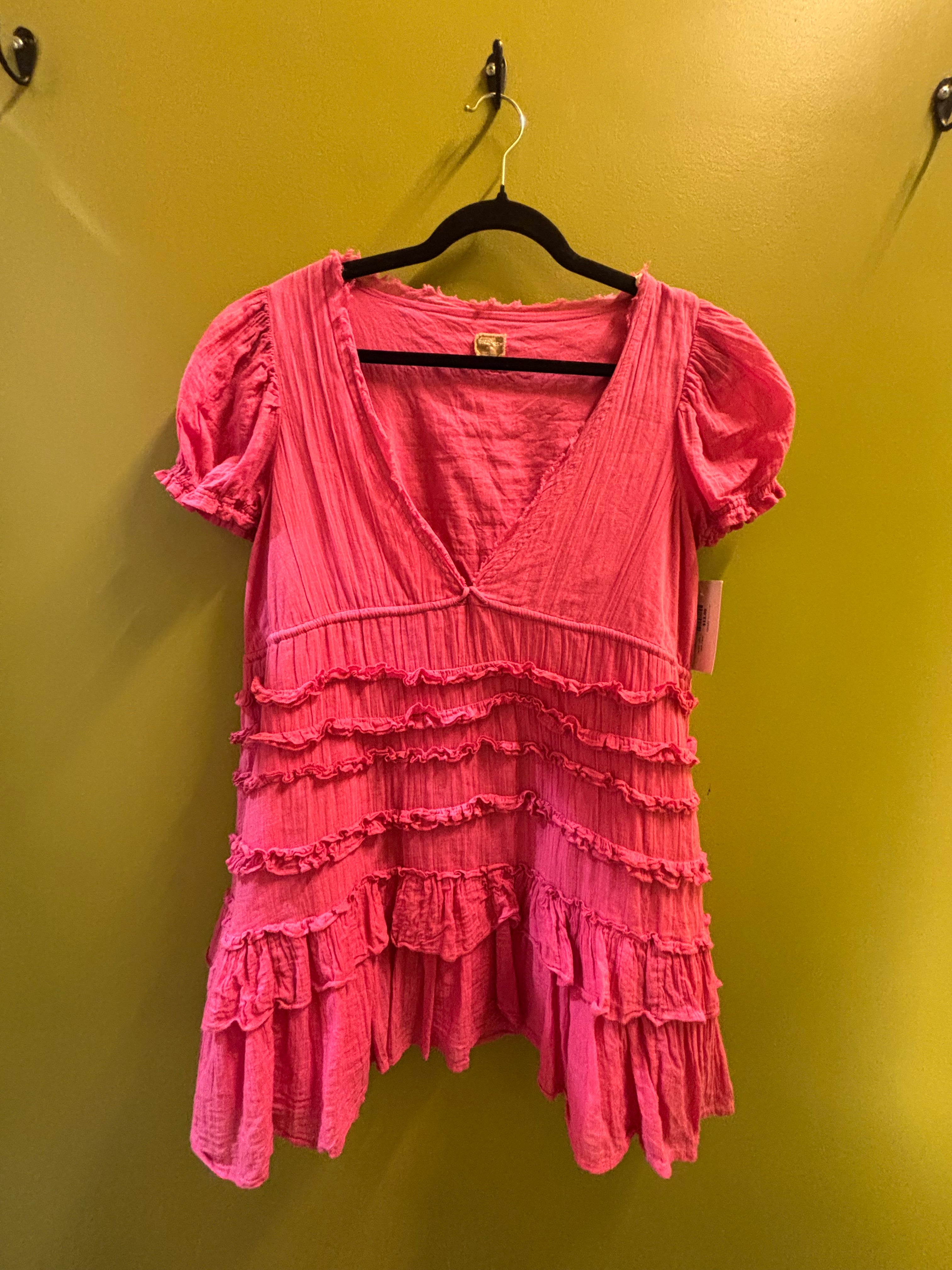 pink free people tiered ruffle v neck dress, m