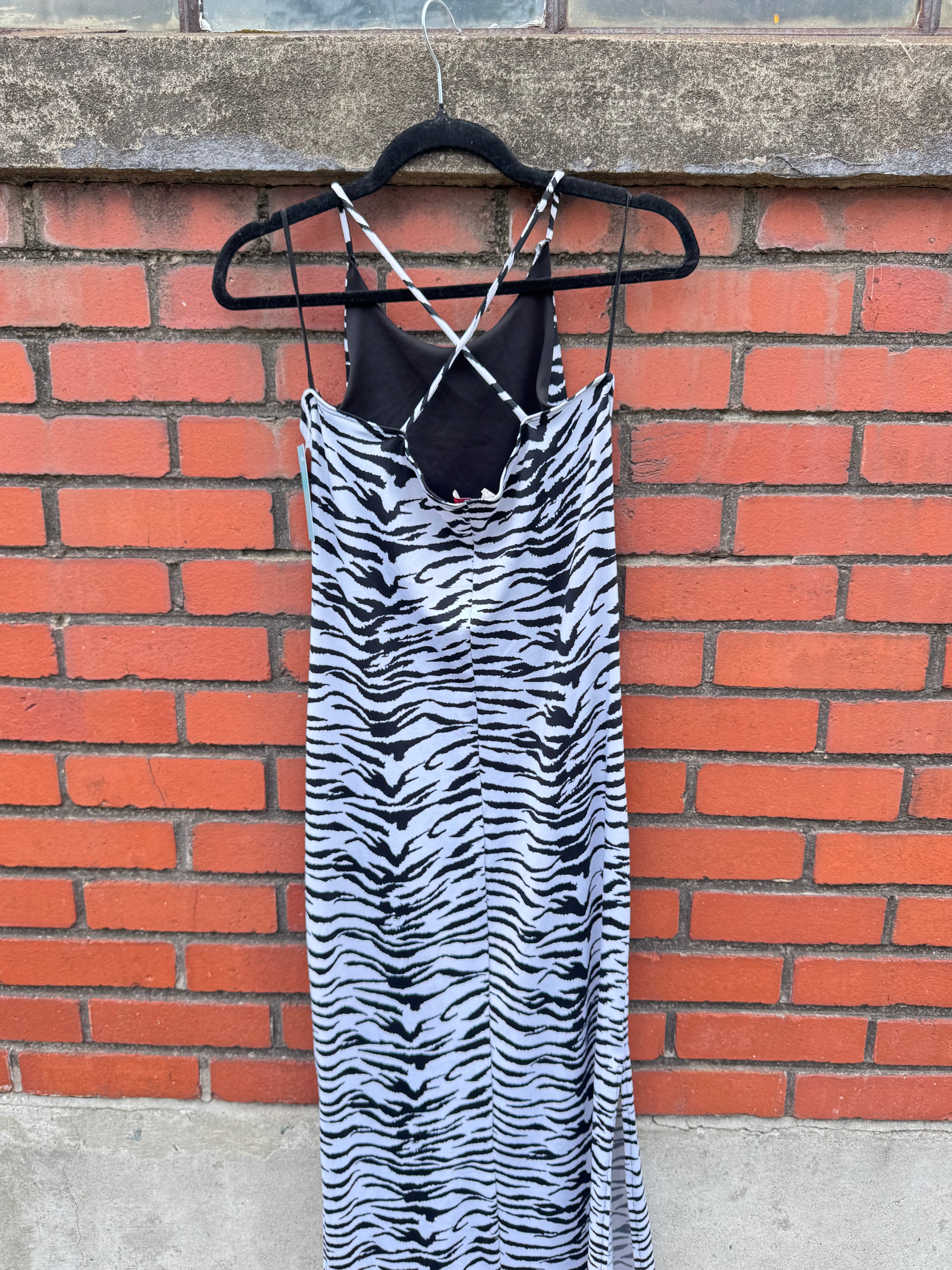 white black Pia Rhinestone zebra maxi dress, S/M