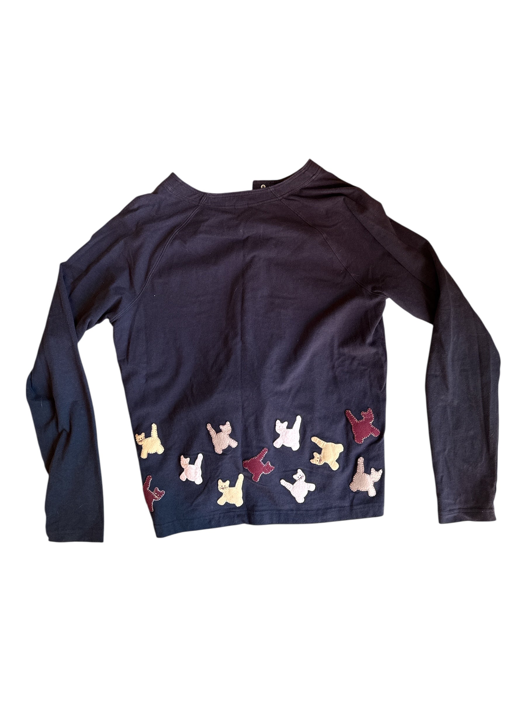navy blue christopher & banks patch work cats button down ls top, m