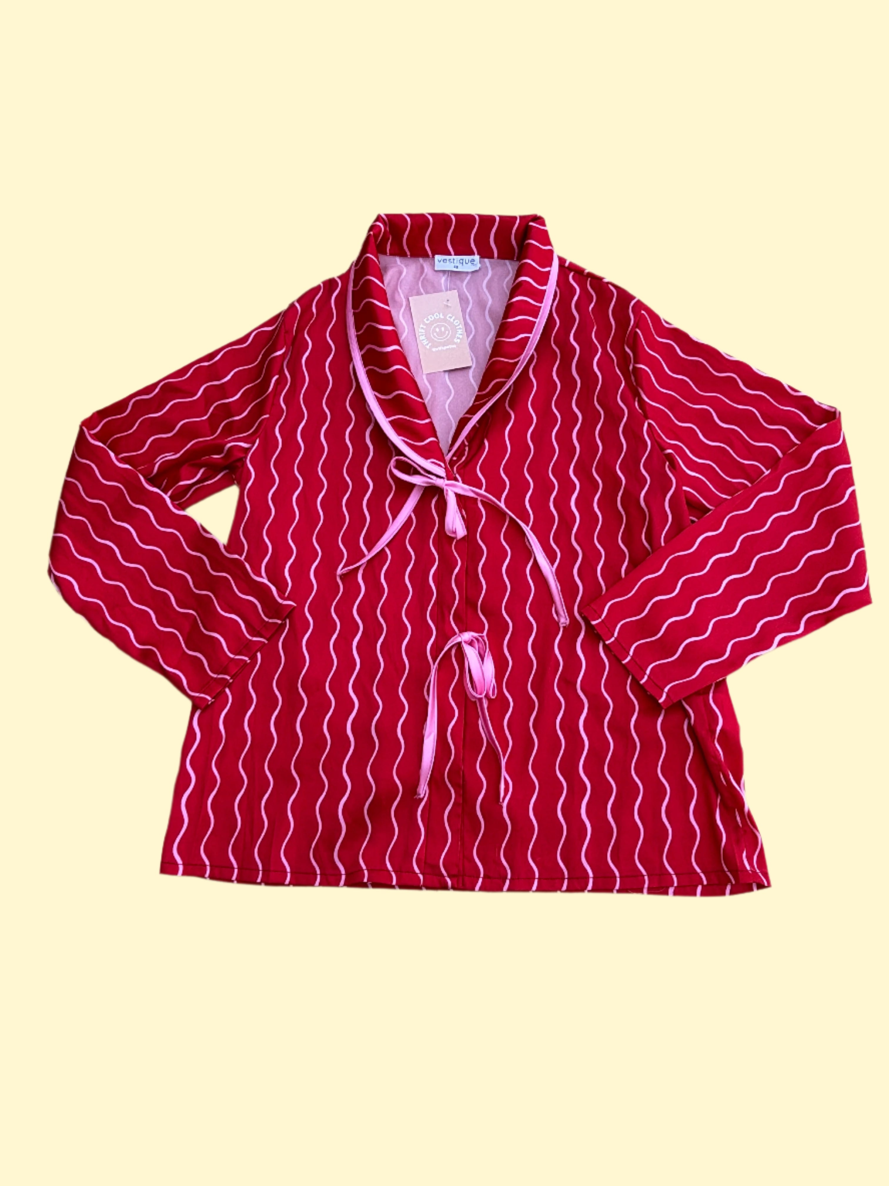 red pink vestique silky patterned tie blouse, xs