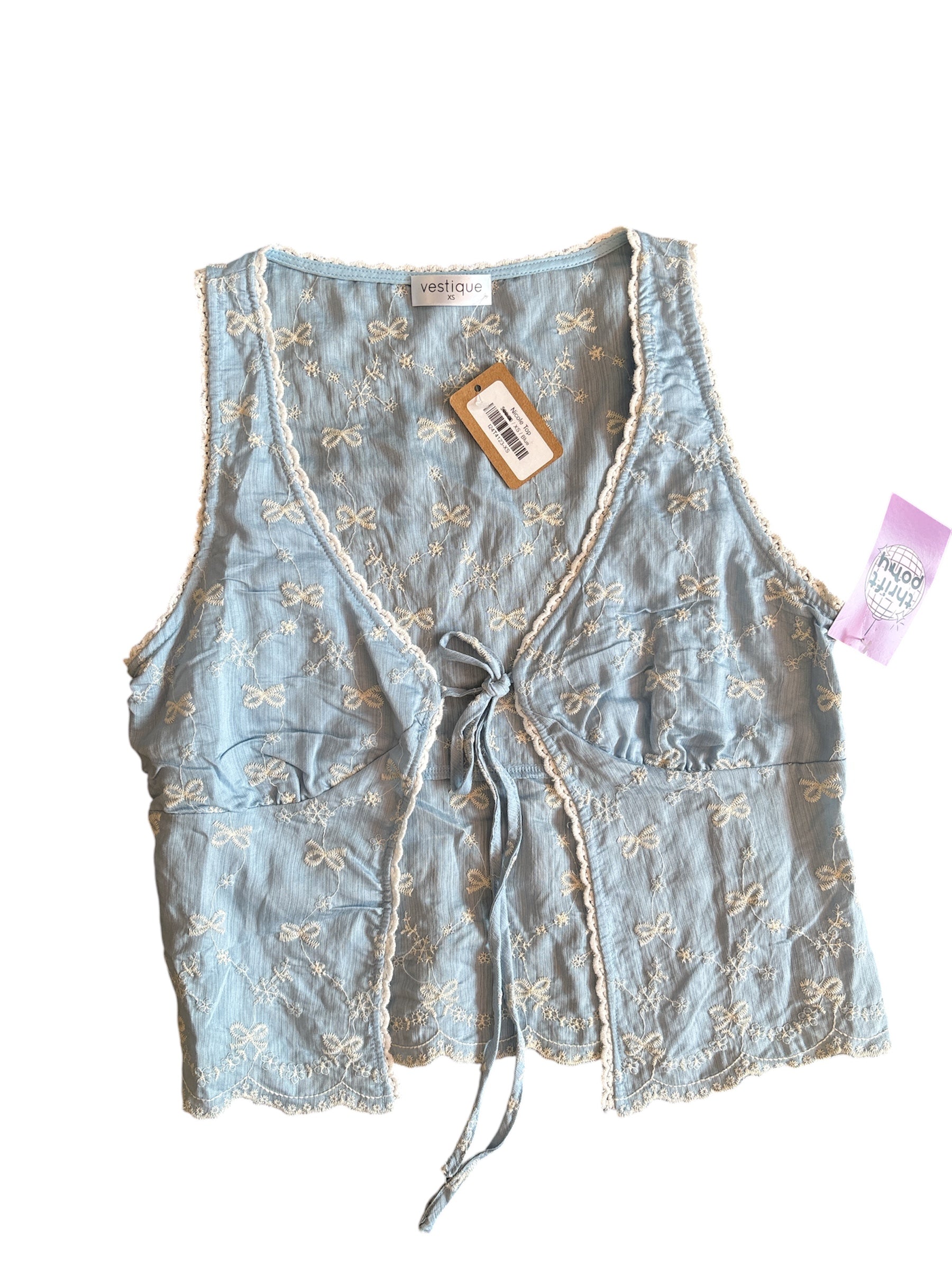 blue white vestique NWT bow tie front tank, xs