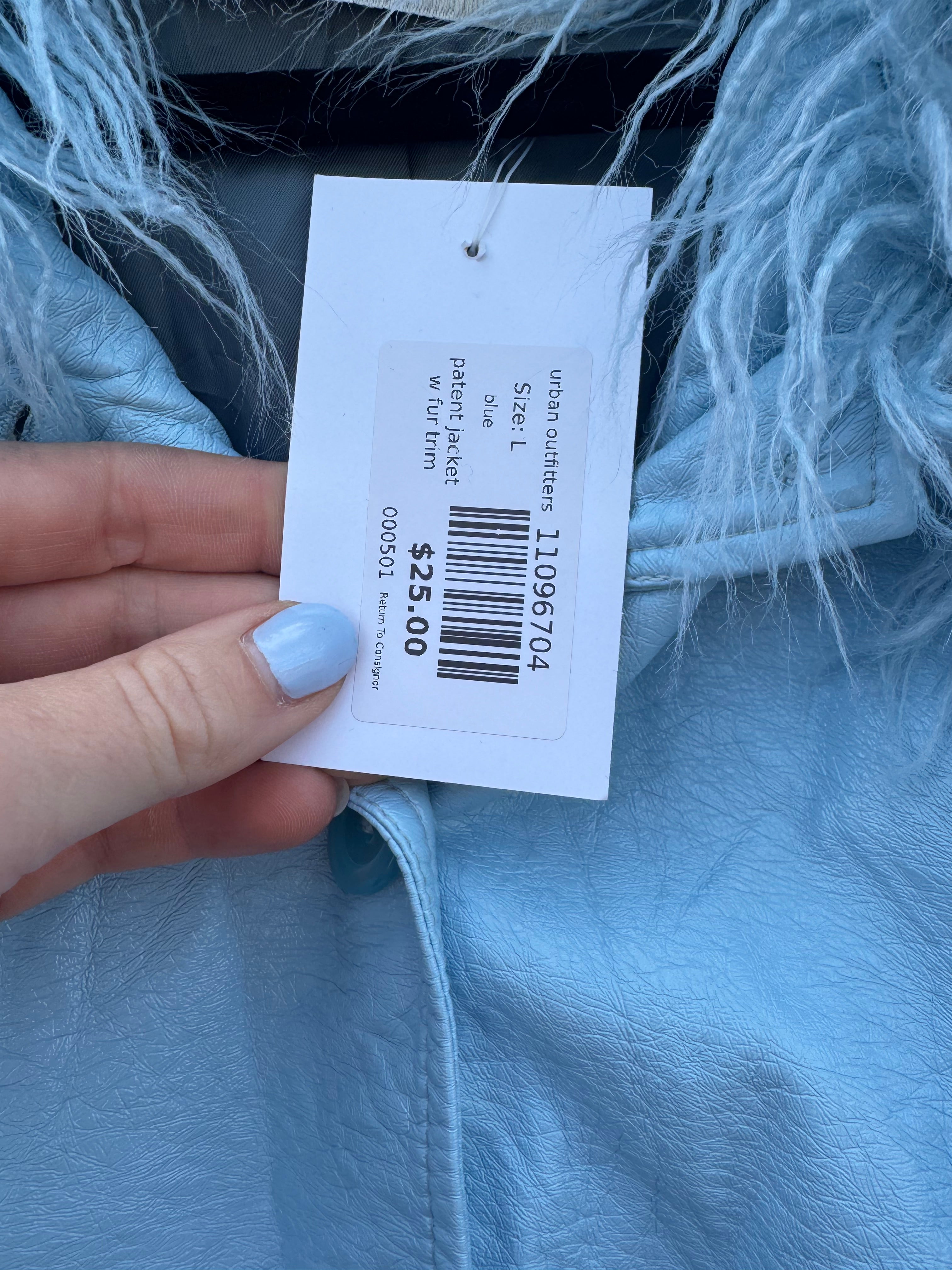 blue urban outfitters patent jacket w fur trim, L