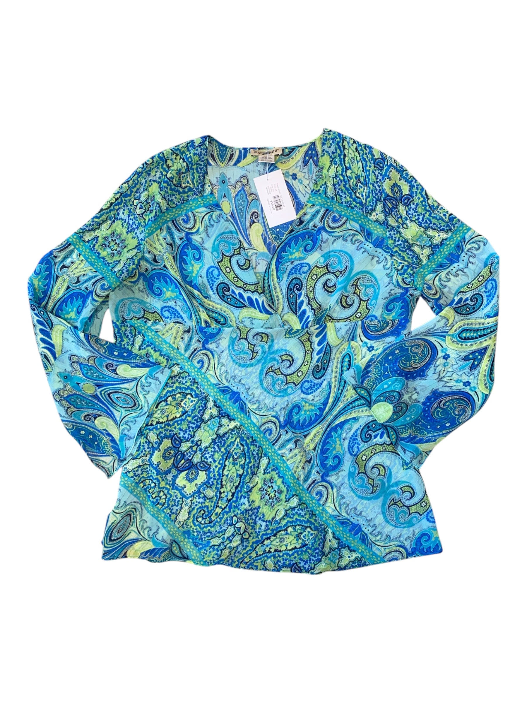Green blue Travel smith Sheer shimmery paisley ls, LP