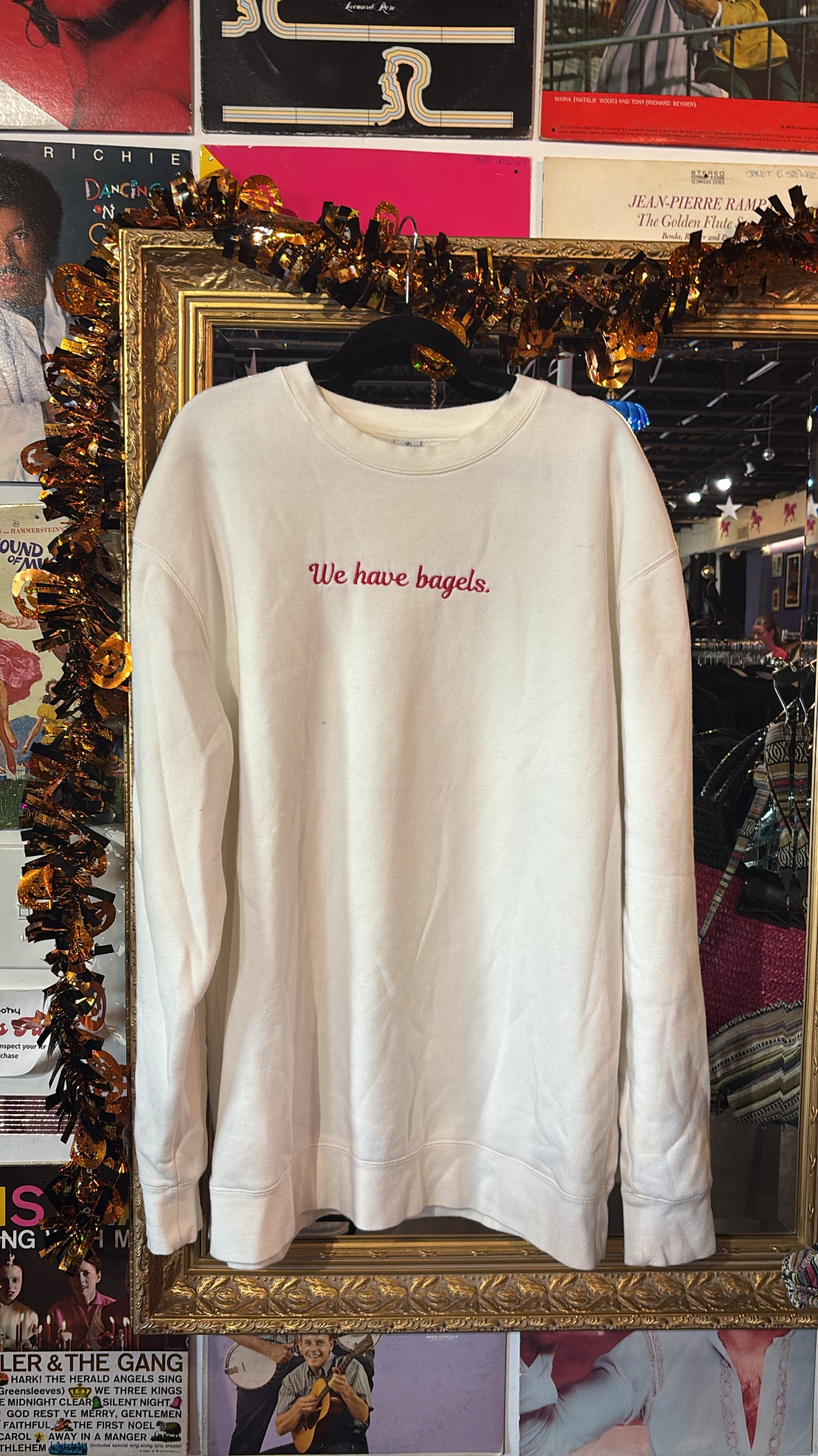 white Independent we have bagels crewneck, xl