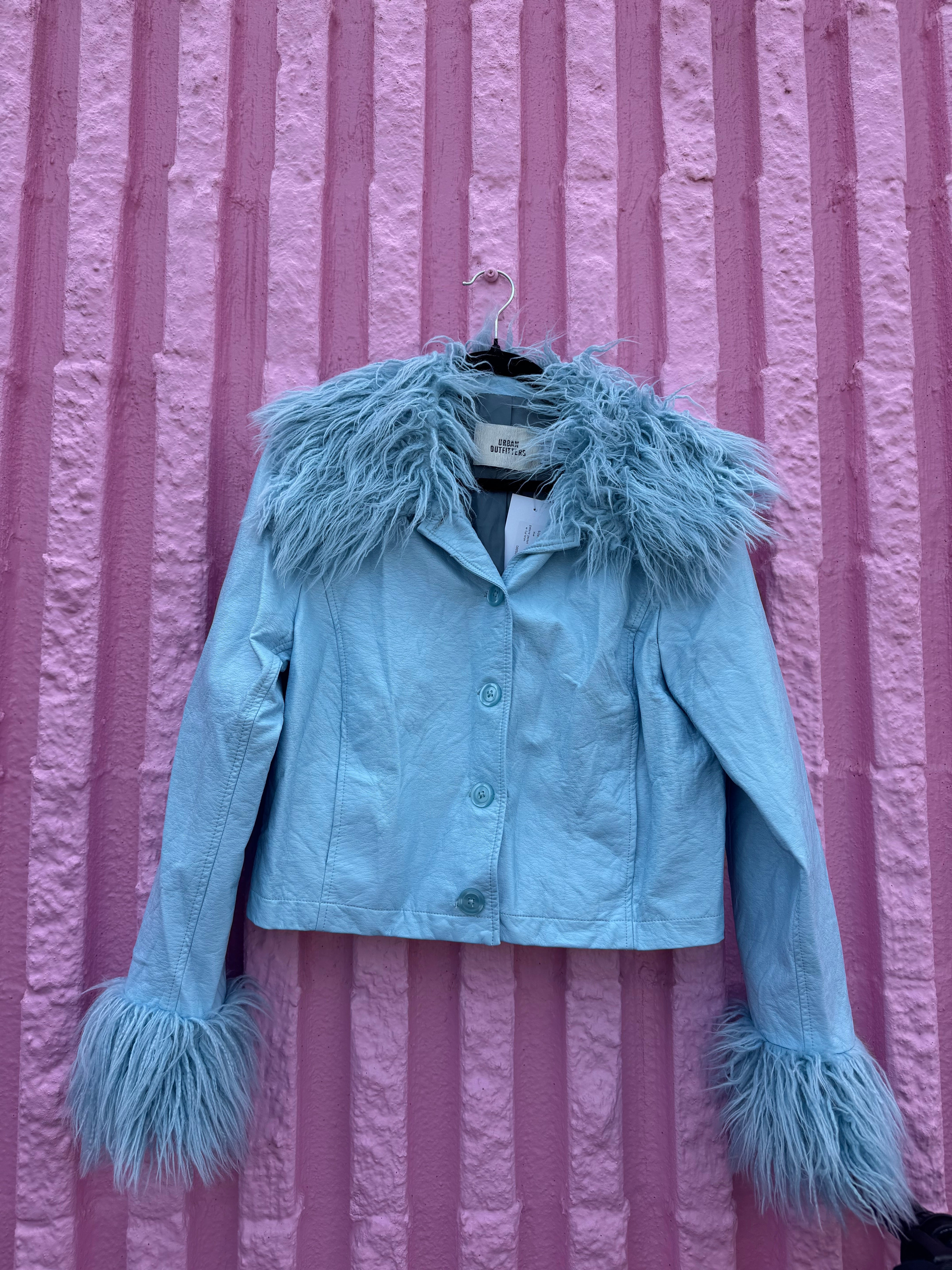 blue urban outfitters patent jacket w fur trim, L
