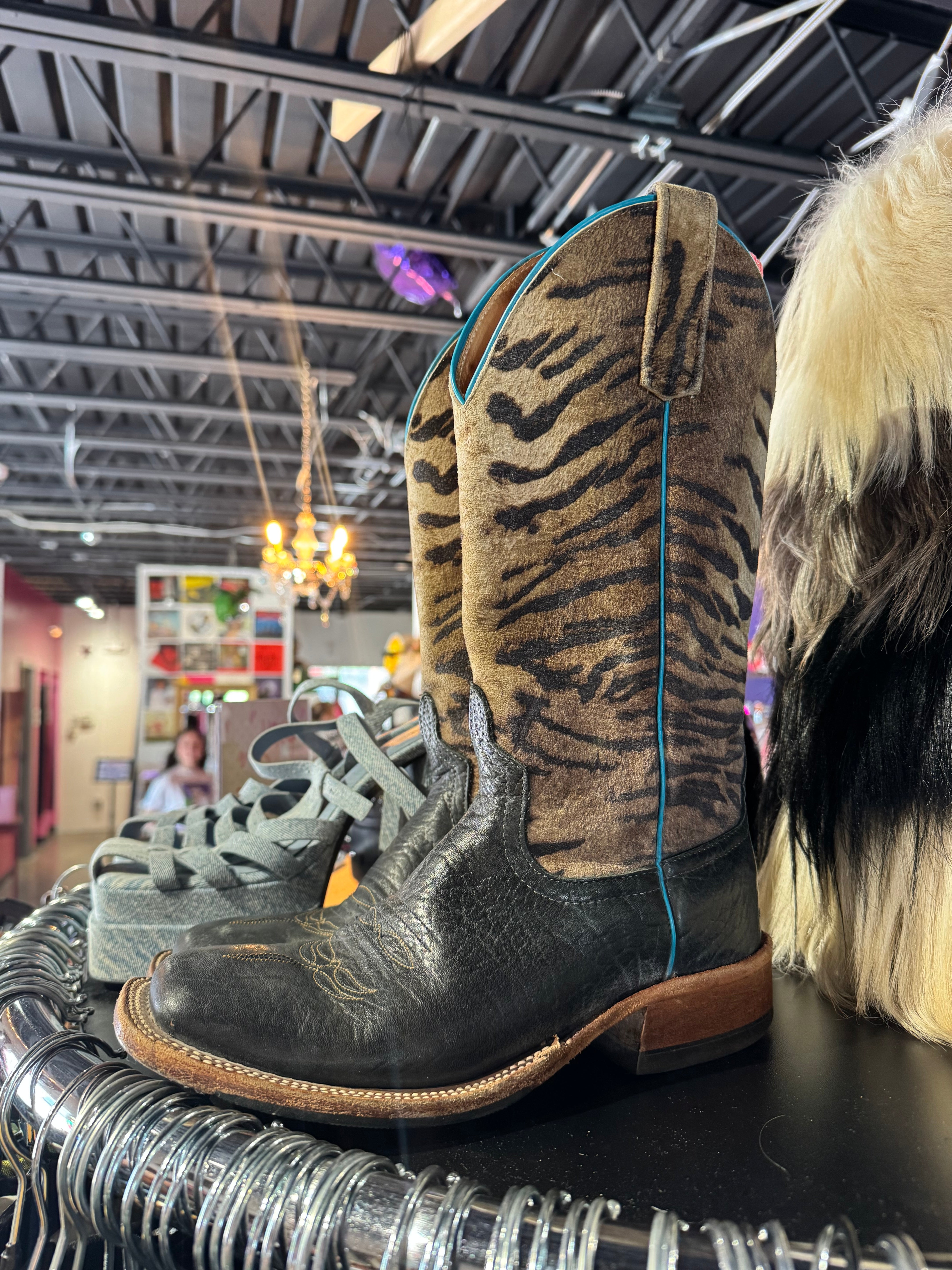 black tan anderson bean square toe tiger cowboy boot, 7 fits like 7.5