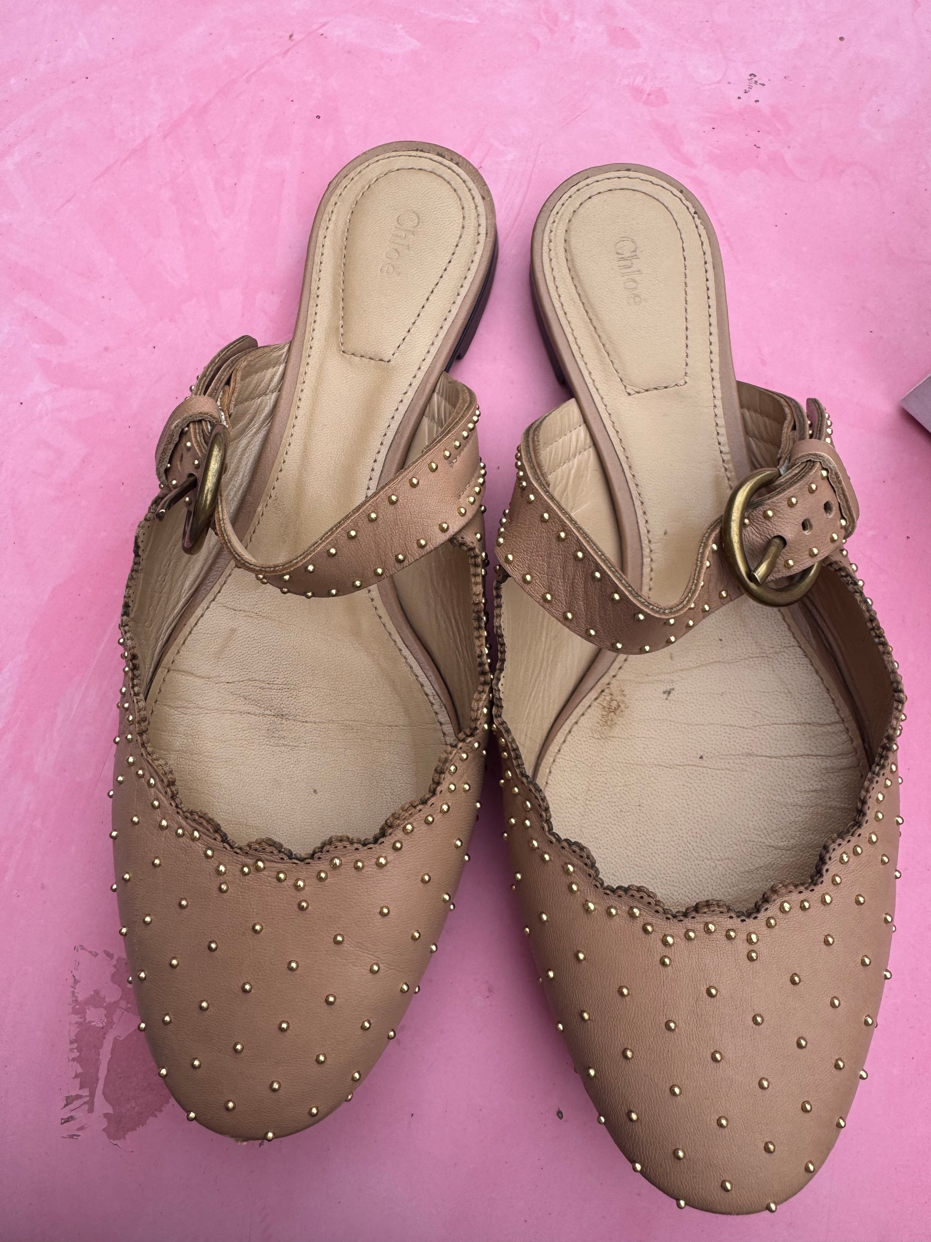 tan gold chloe studded slip on mary jane flats, 36.5
