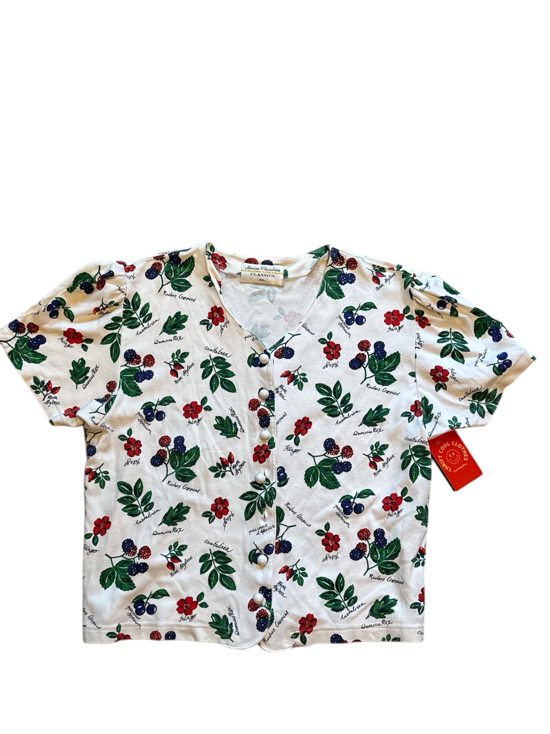 white green red marisa christina classics fruit ss button up, xl (missing a button!)