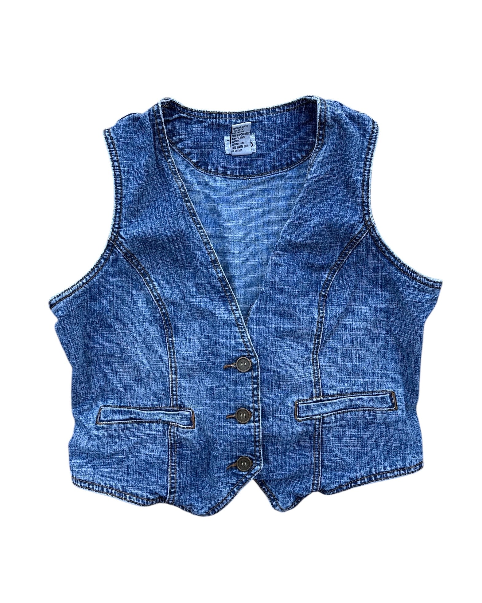 blue rave denim button up vest, l