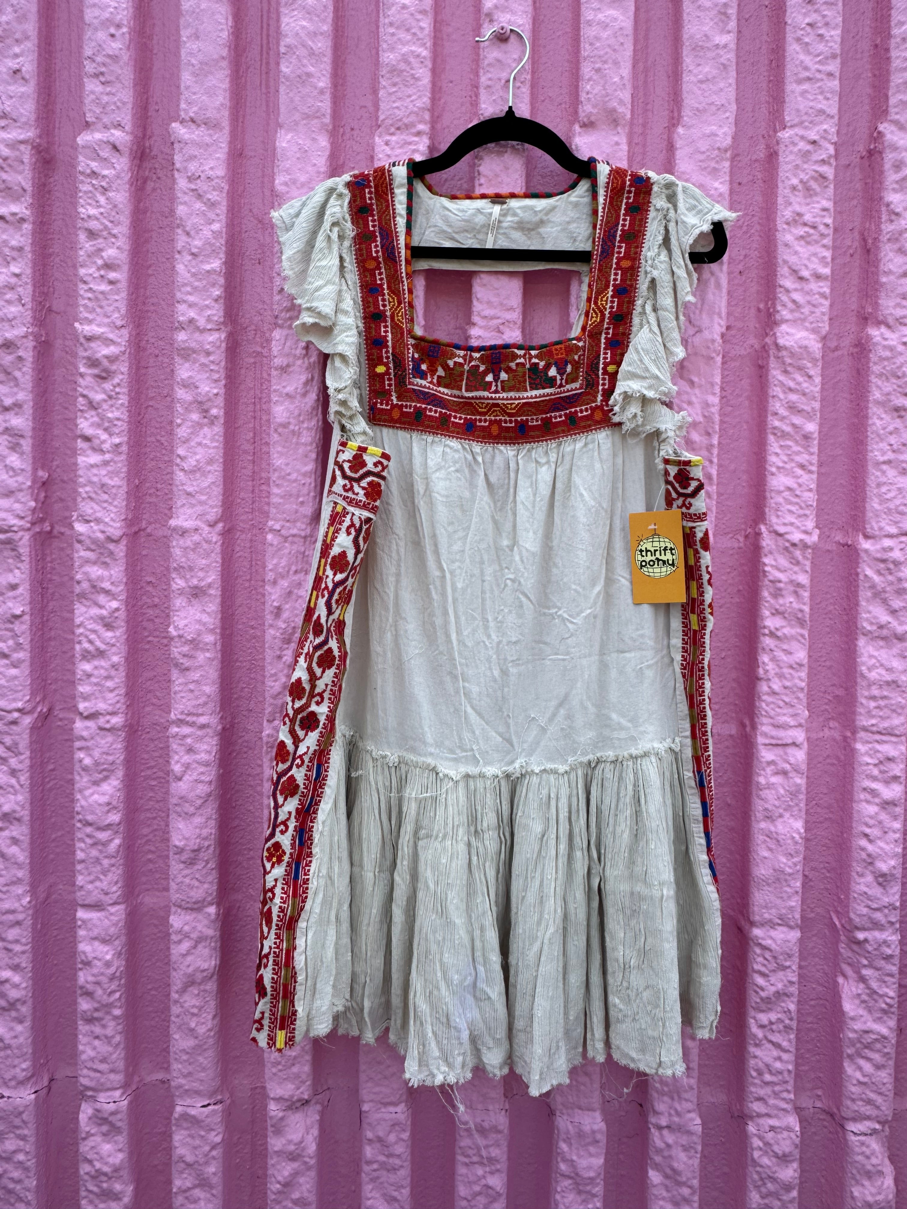 cream red free people multi pattern ss ruffle dress, m