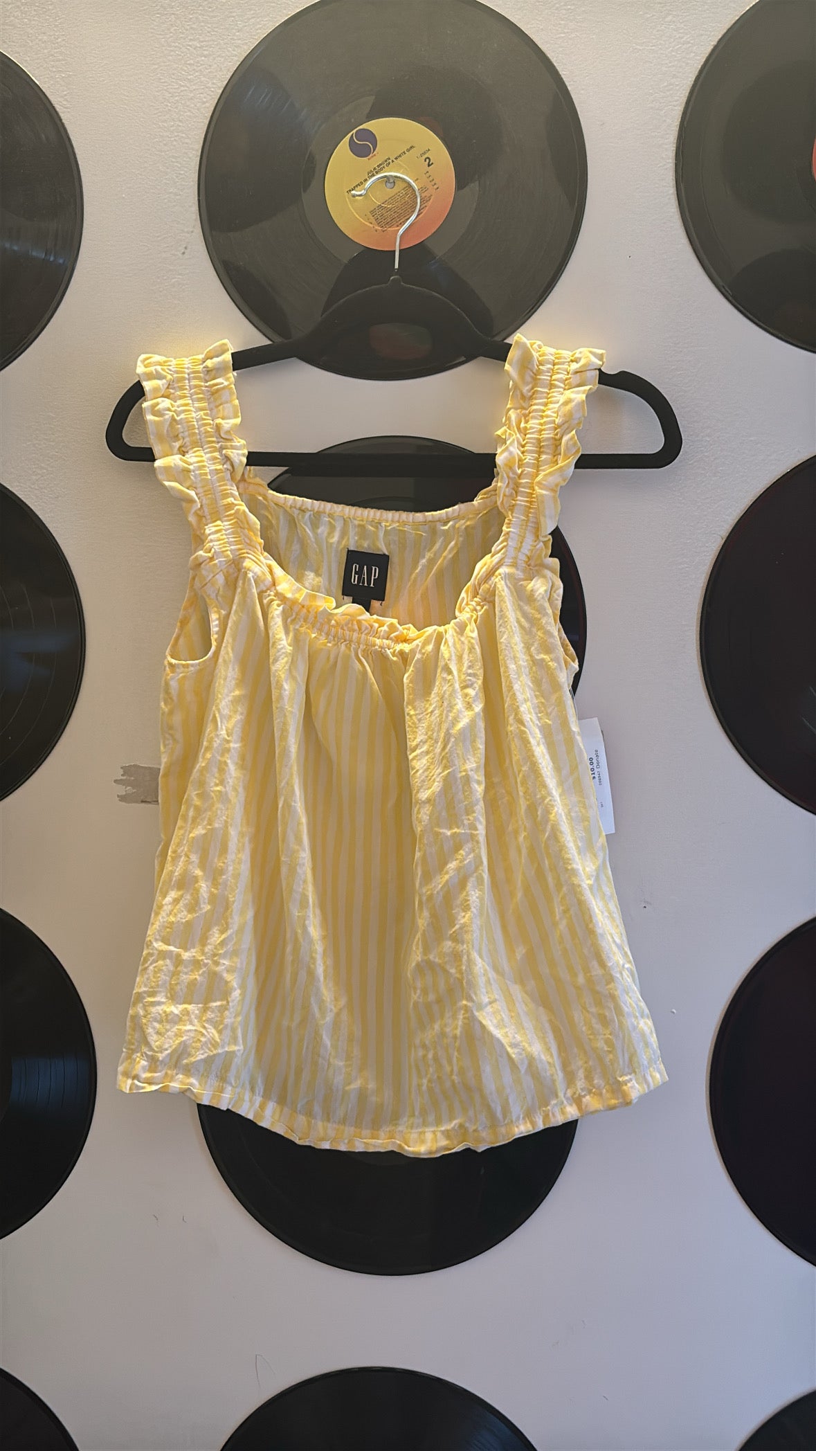 yellow white gap striped ruffle pj top, s
