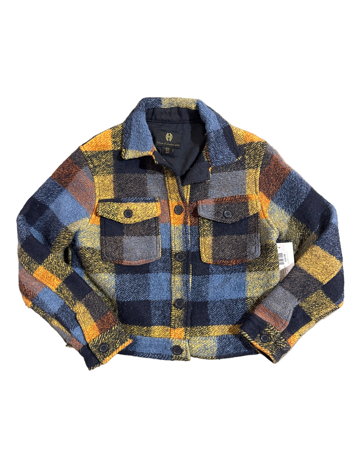 blue yellow house of harlow plaid flannel jacket, xs
