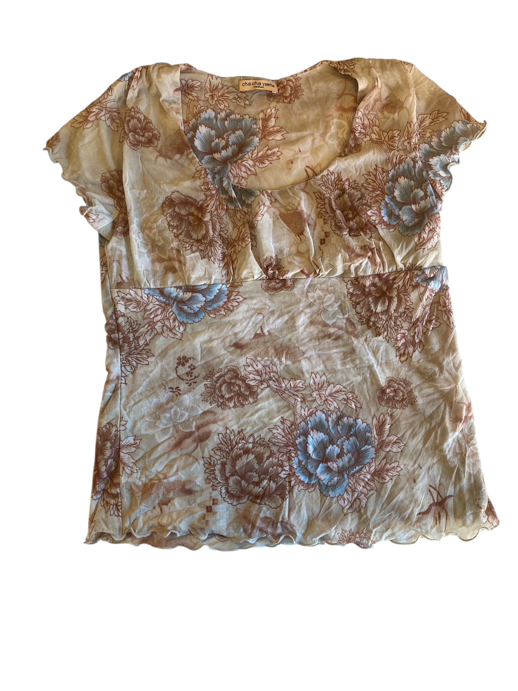 brown green cha cha vente floral lettuce trim ss top, medium