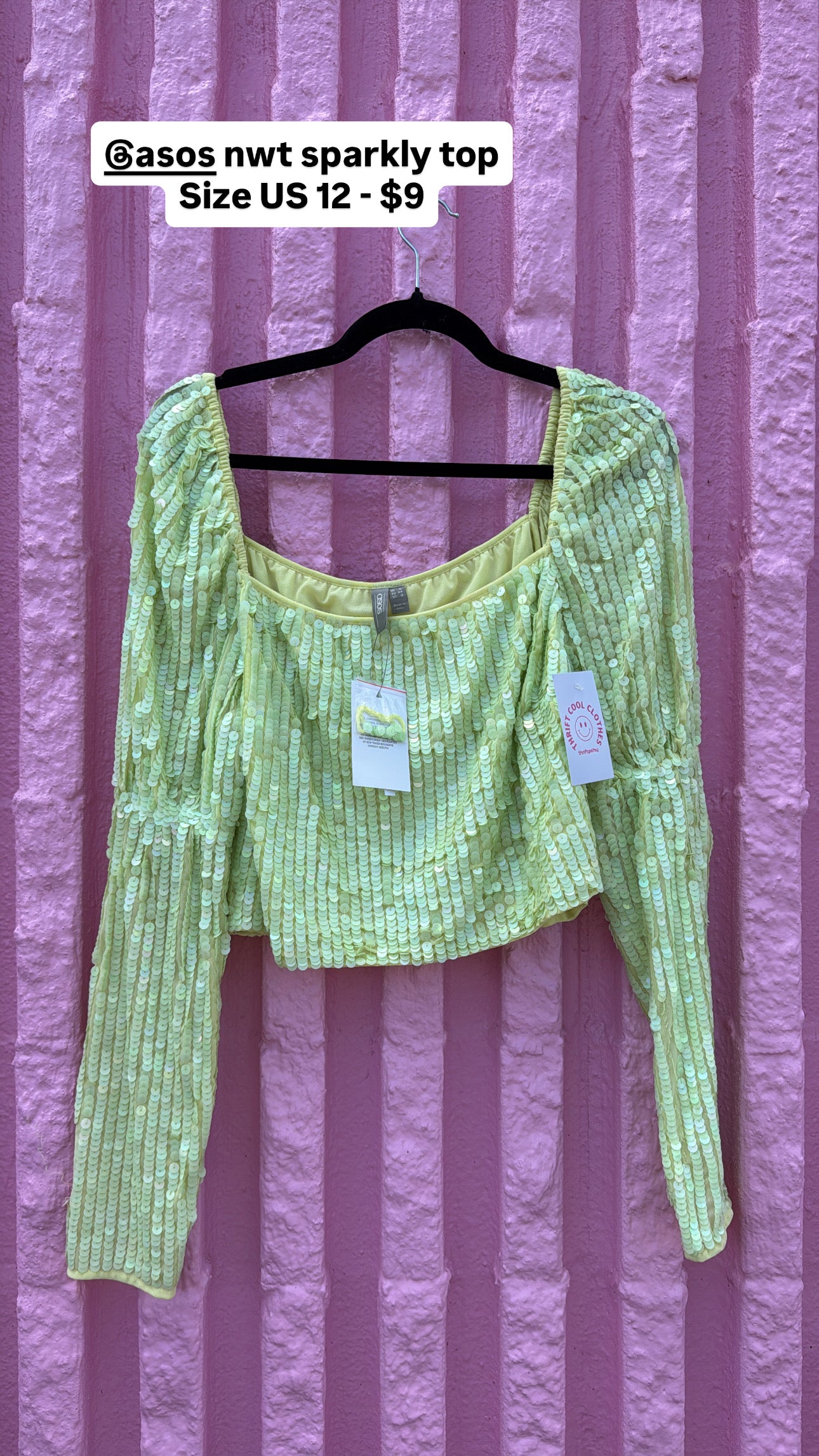 neon green asos NWT sequin ls top, 12