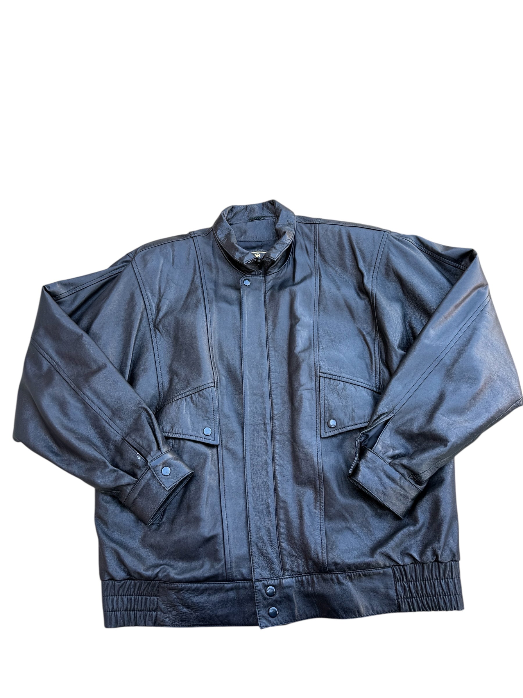 black garno vtg leather bomber jacket, L