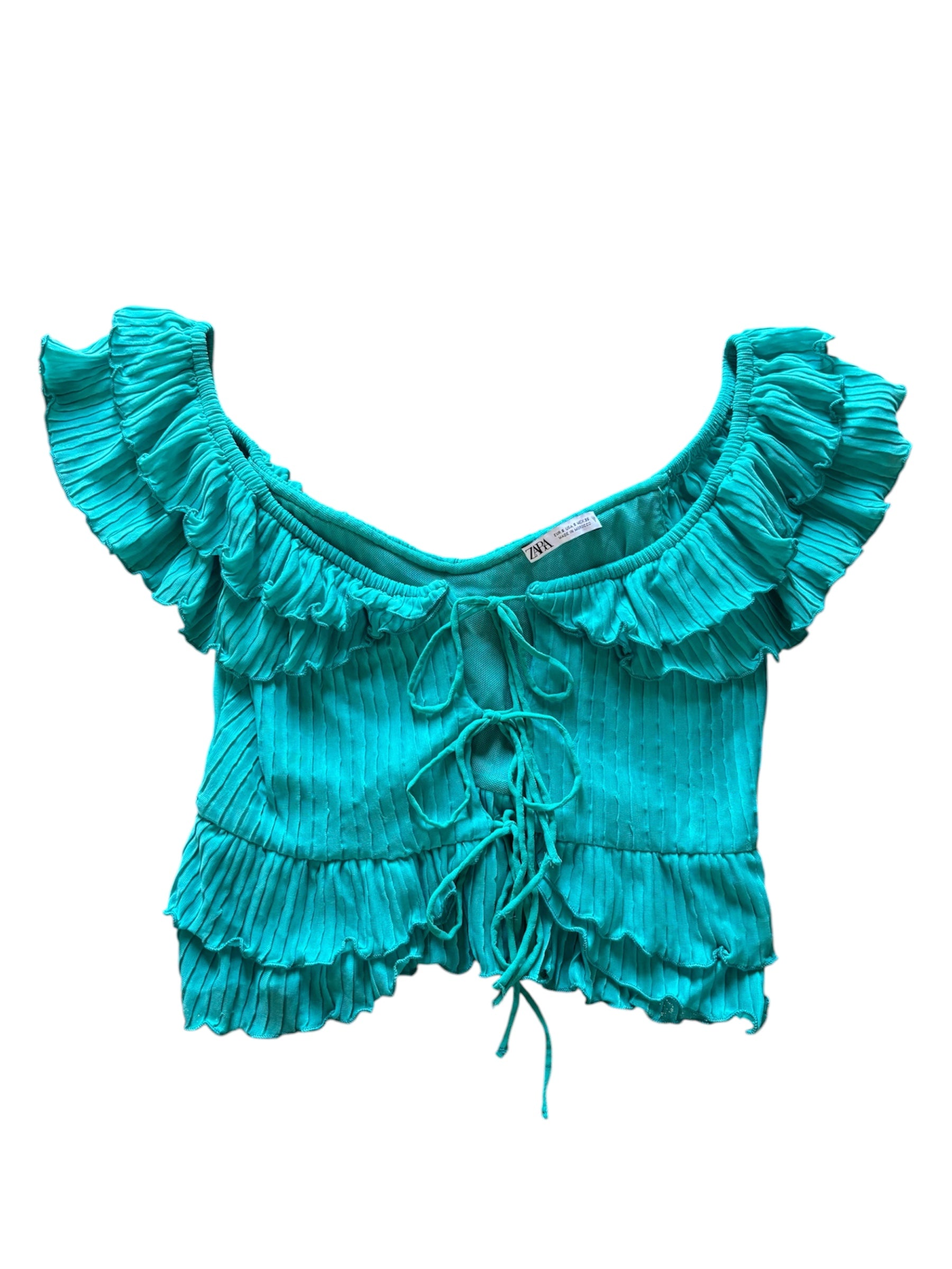 Teal Zara Pleated off shoulder ruffle tank, S