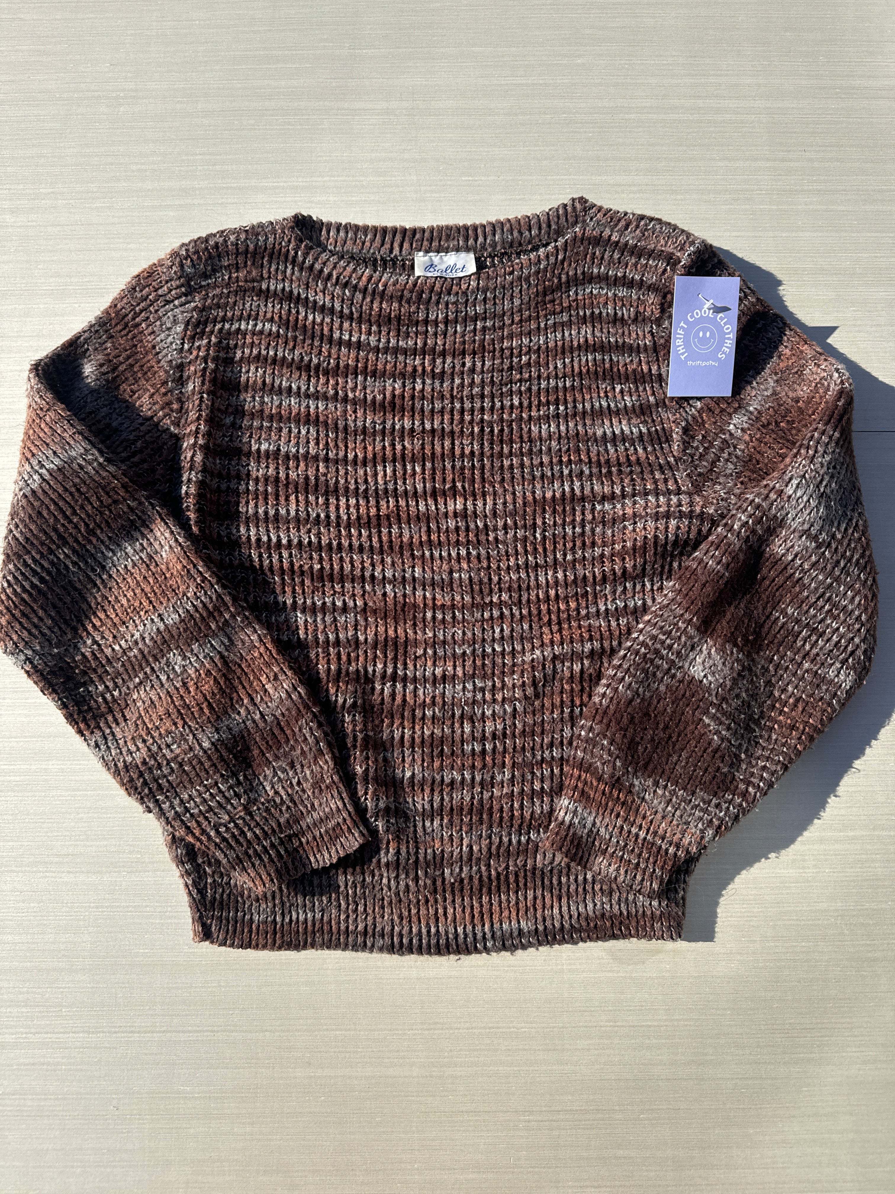 brown gray ballet vtg stripe wide neck sweater, s
