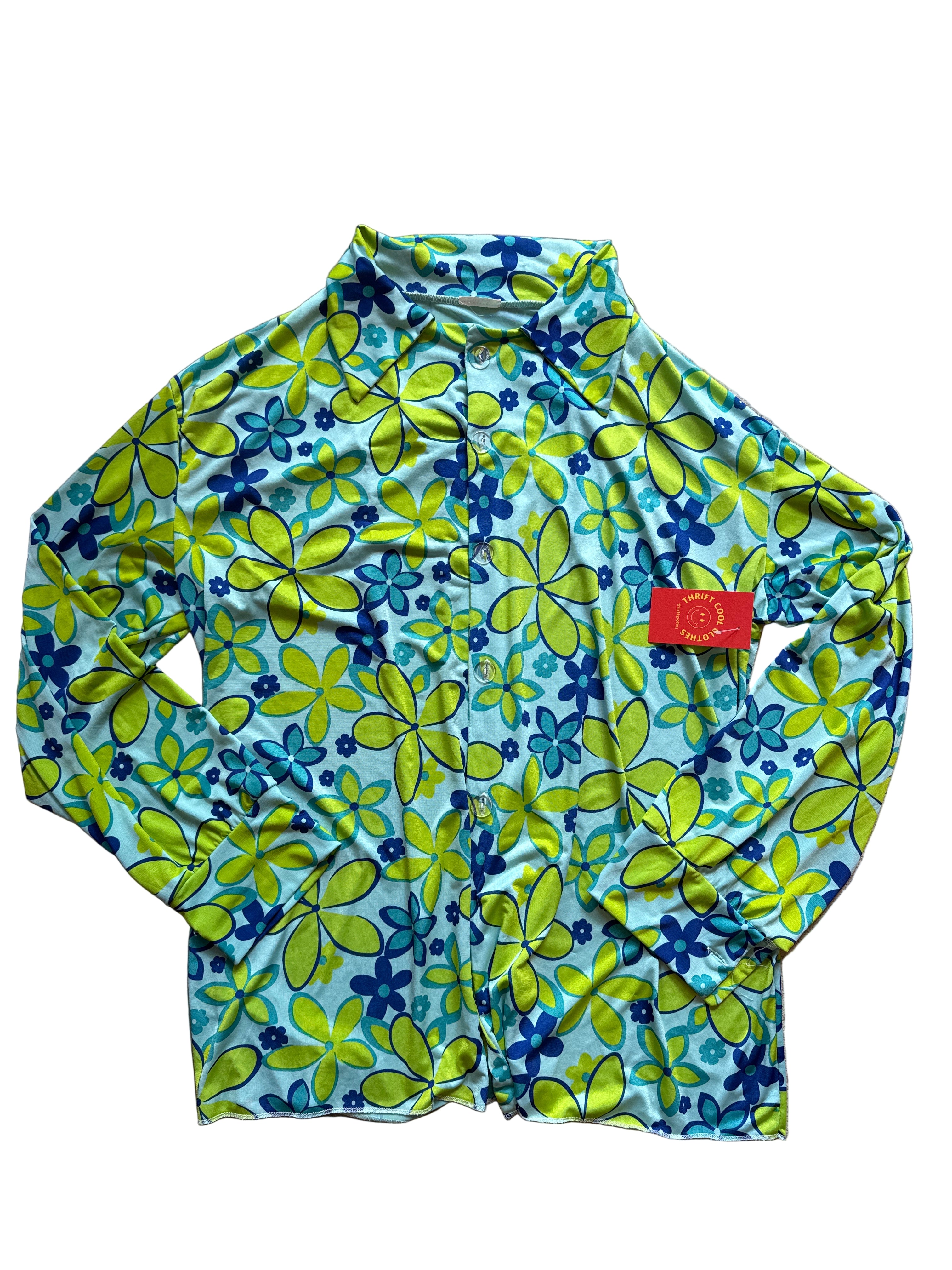 blue green  retro floral slinky top xxl