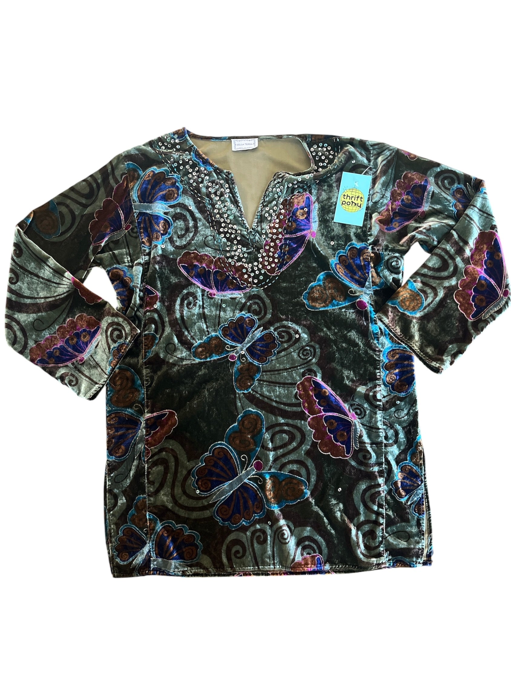 green brown bella terra velour butterfly sequin top