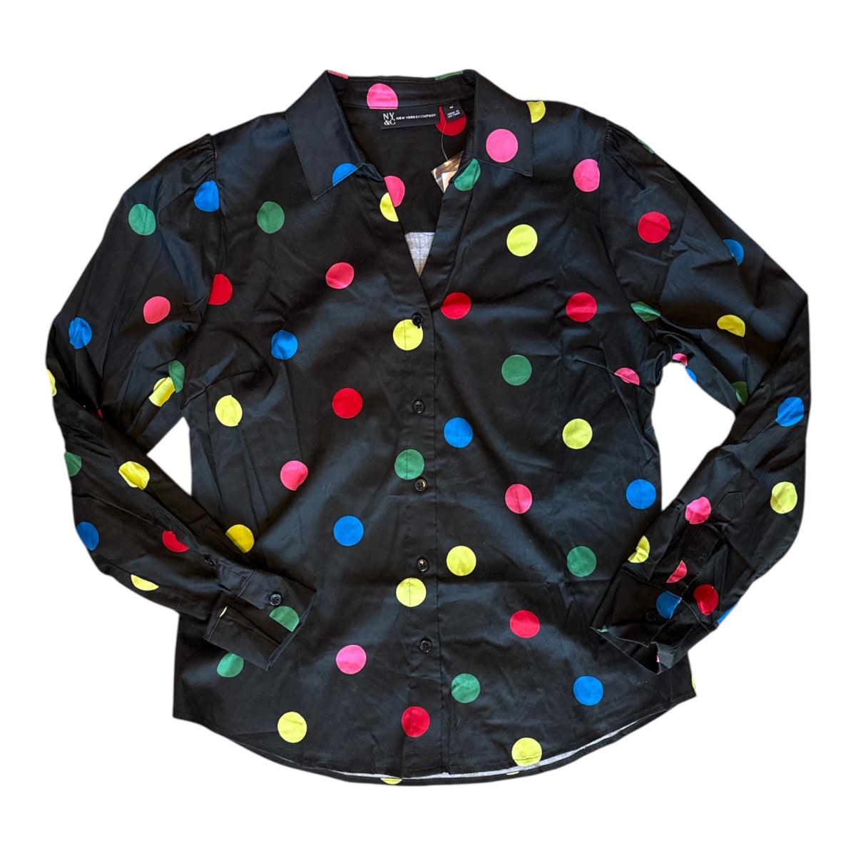 Black multi NY & company Polka dot ls collar button, M