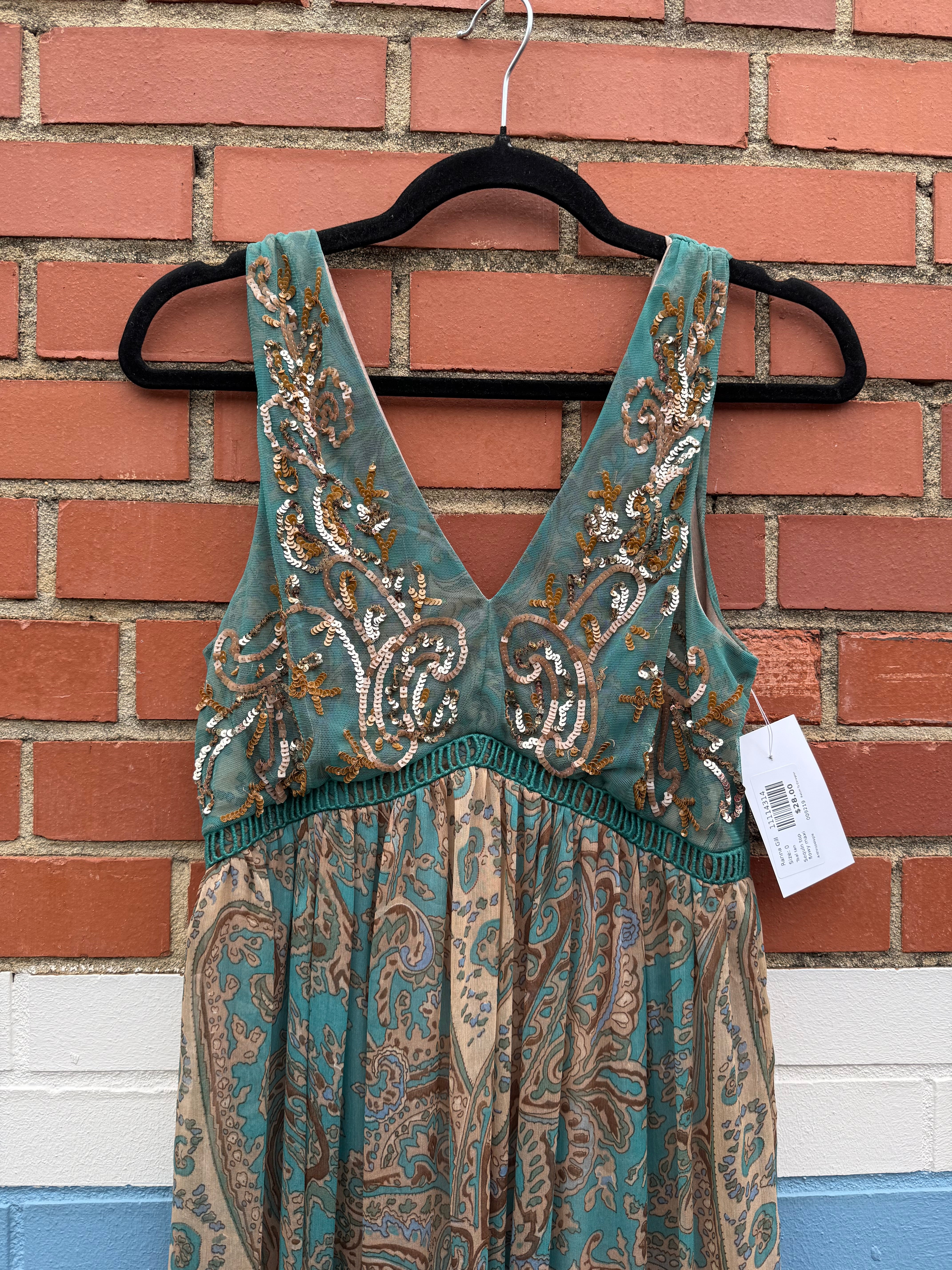 Teal tan Ranna Gill Sequin top flowy maxi, 0