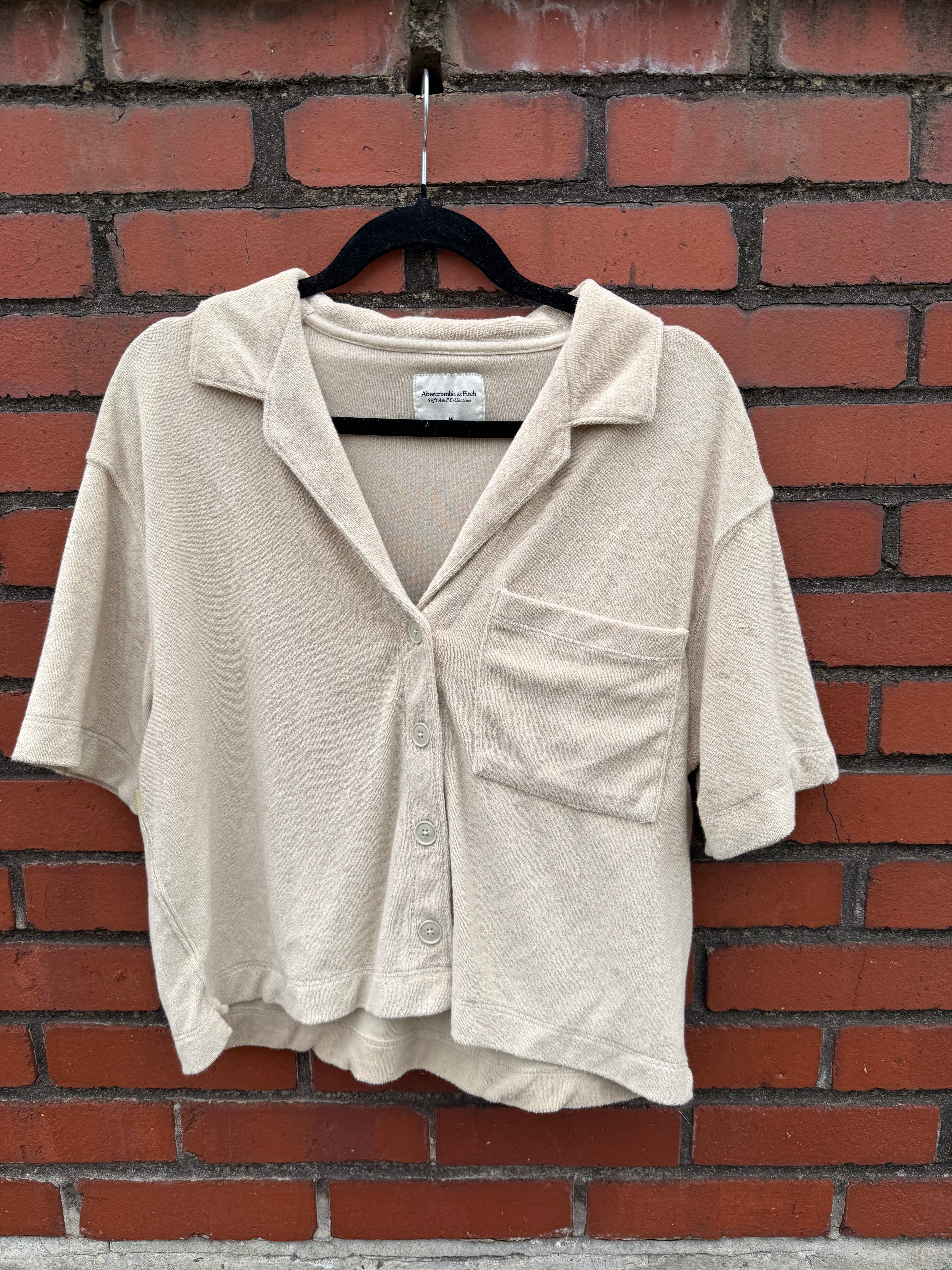 Tan abercrombie Terry cloth cropped button up, M